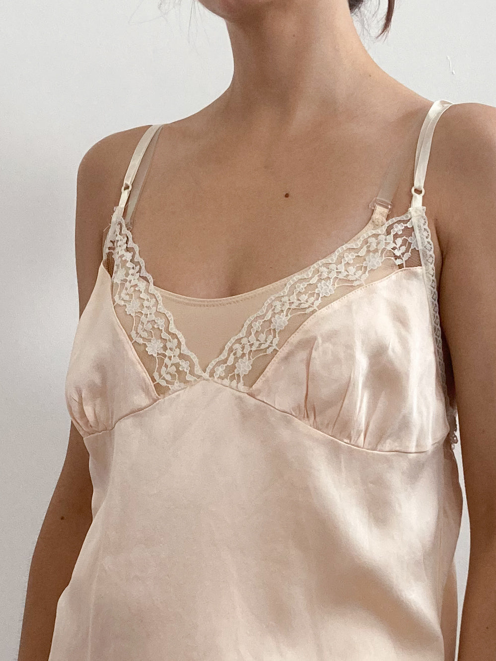 1970s Peach Silk Teddy with Lace Trims M/L