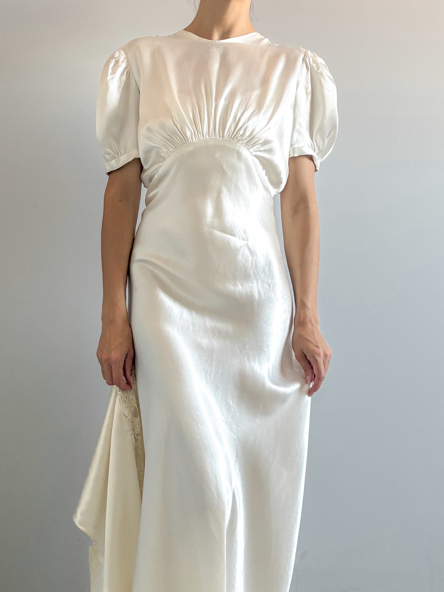 1930s Ivory Silk Puff Sleeve Wedding Dress With Lace & Puddle Train