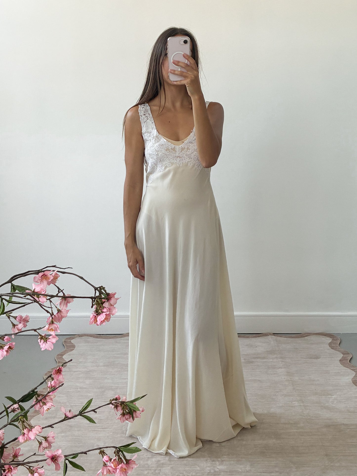 1940s Asymmetrical Cream Silk Slip With Floral Lace L