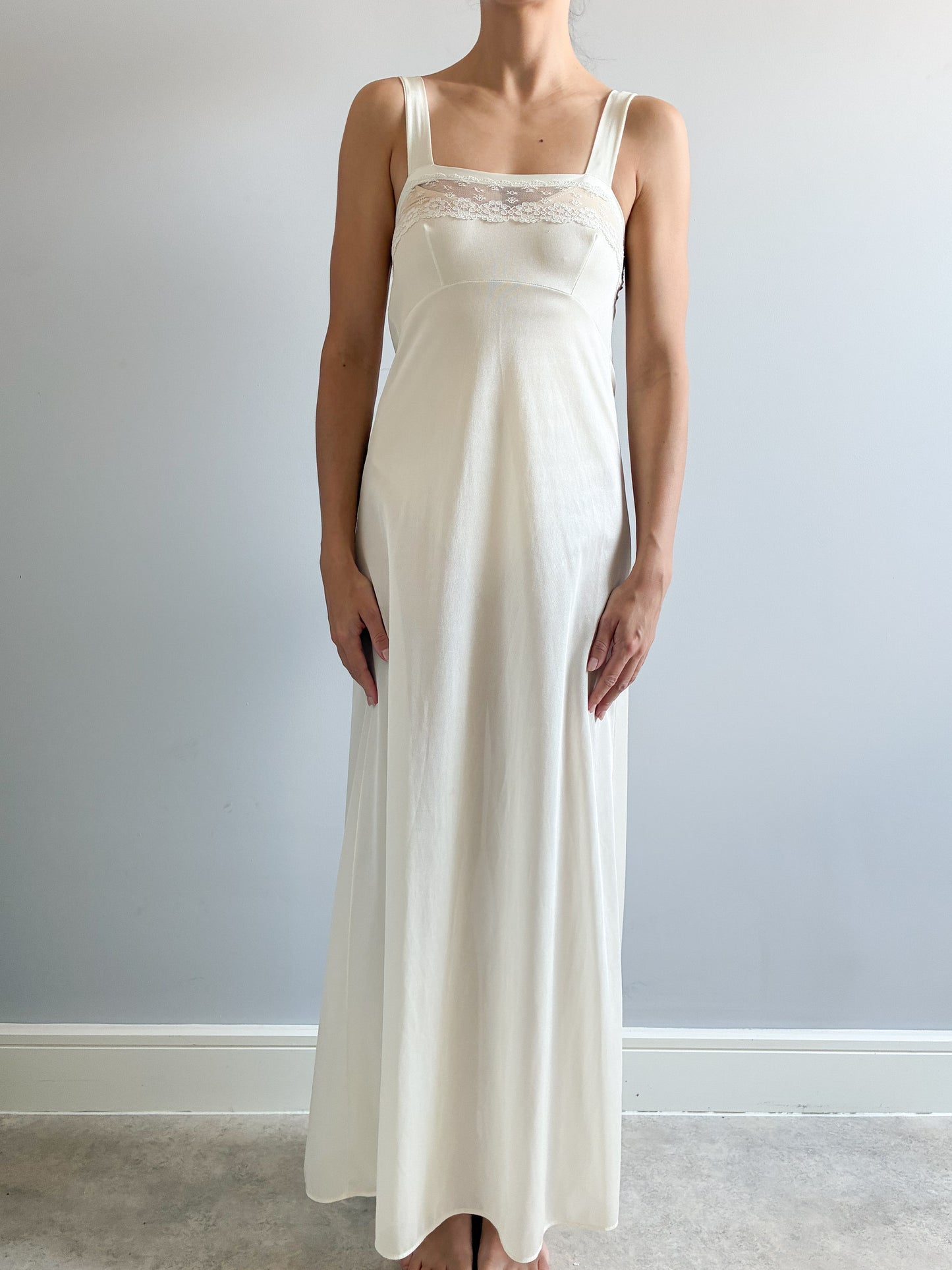 1970s Cream Maxi Slip With Square Neck And Lace Trim
