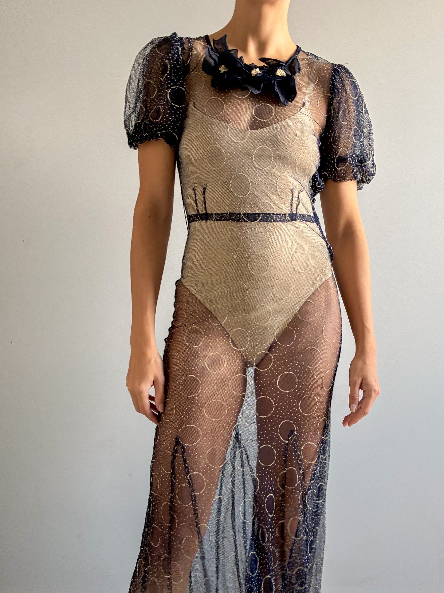 1930s Puff Sleeve Net Dress In Midnight Blue