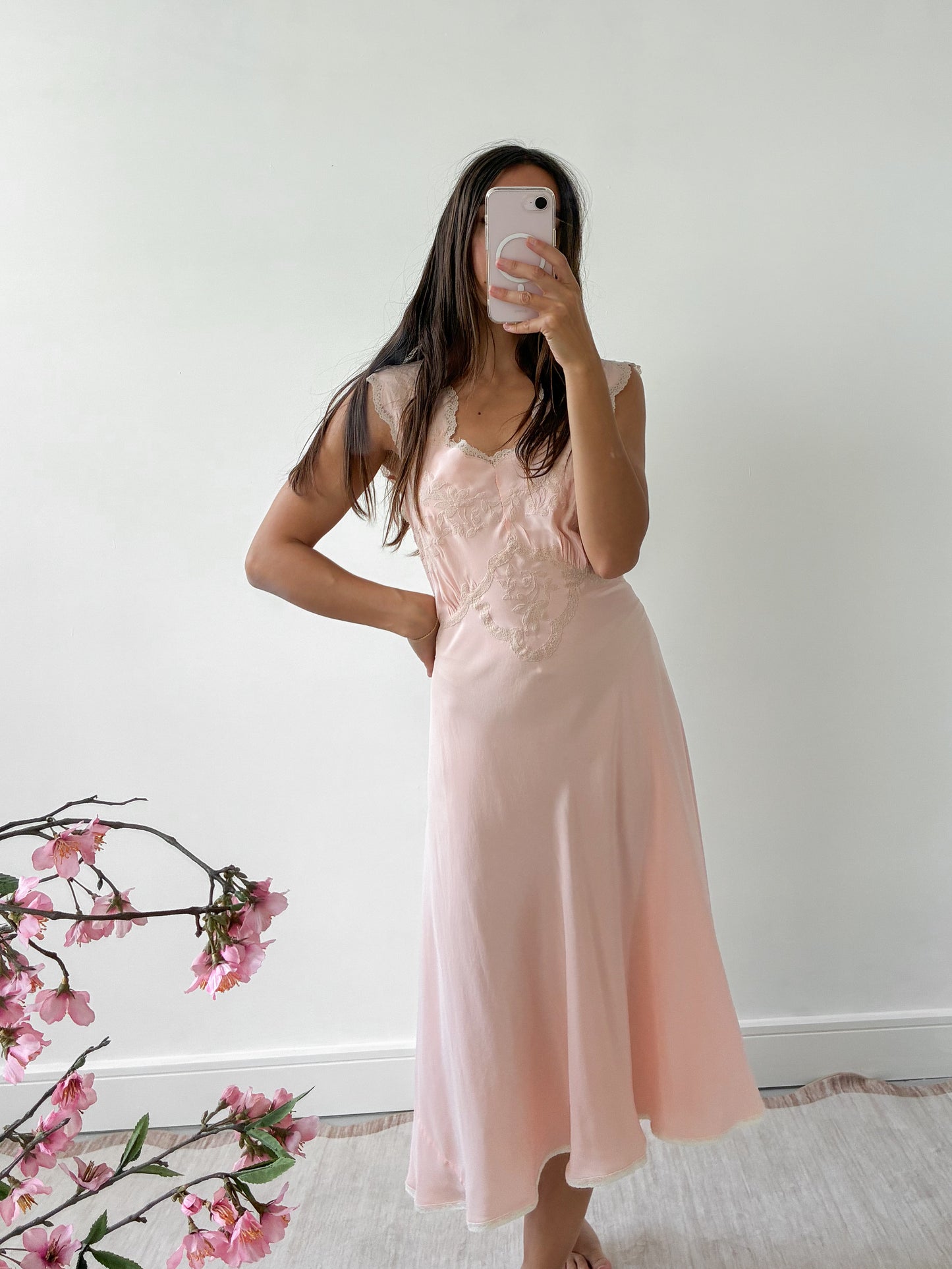 1930s Silk Midi Slip With Floral Lace M L