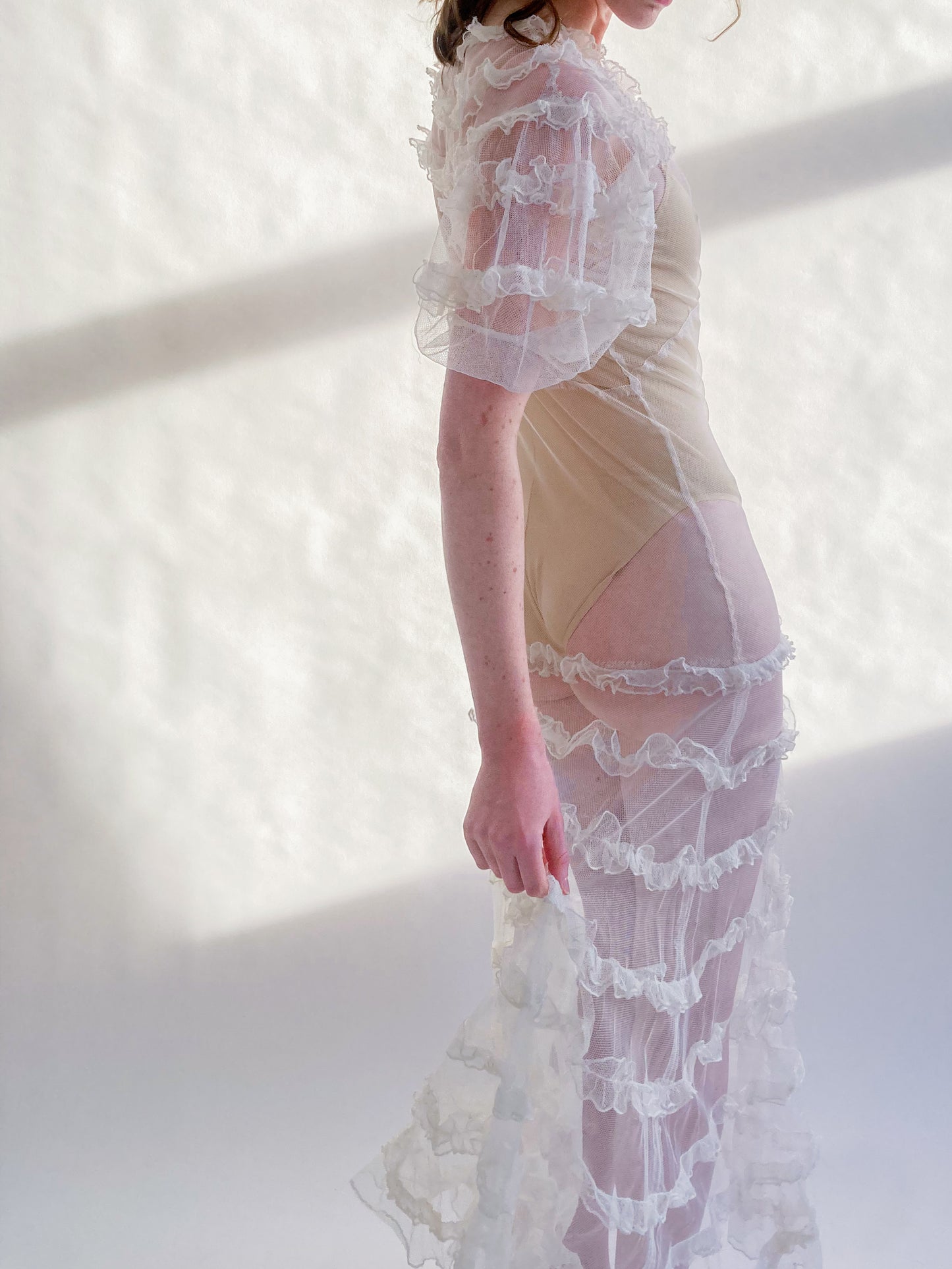 1930s Tiered Ruffle Net Dress With Puff Sleeves