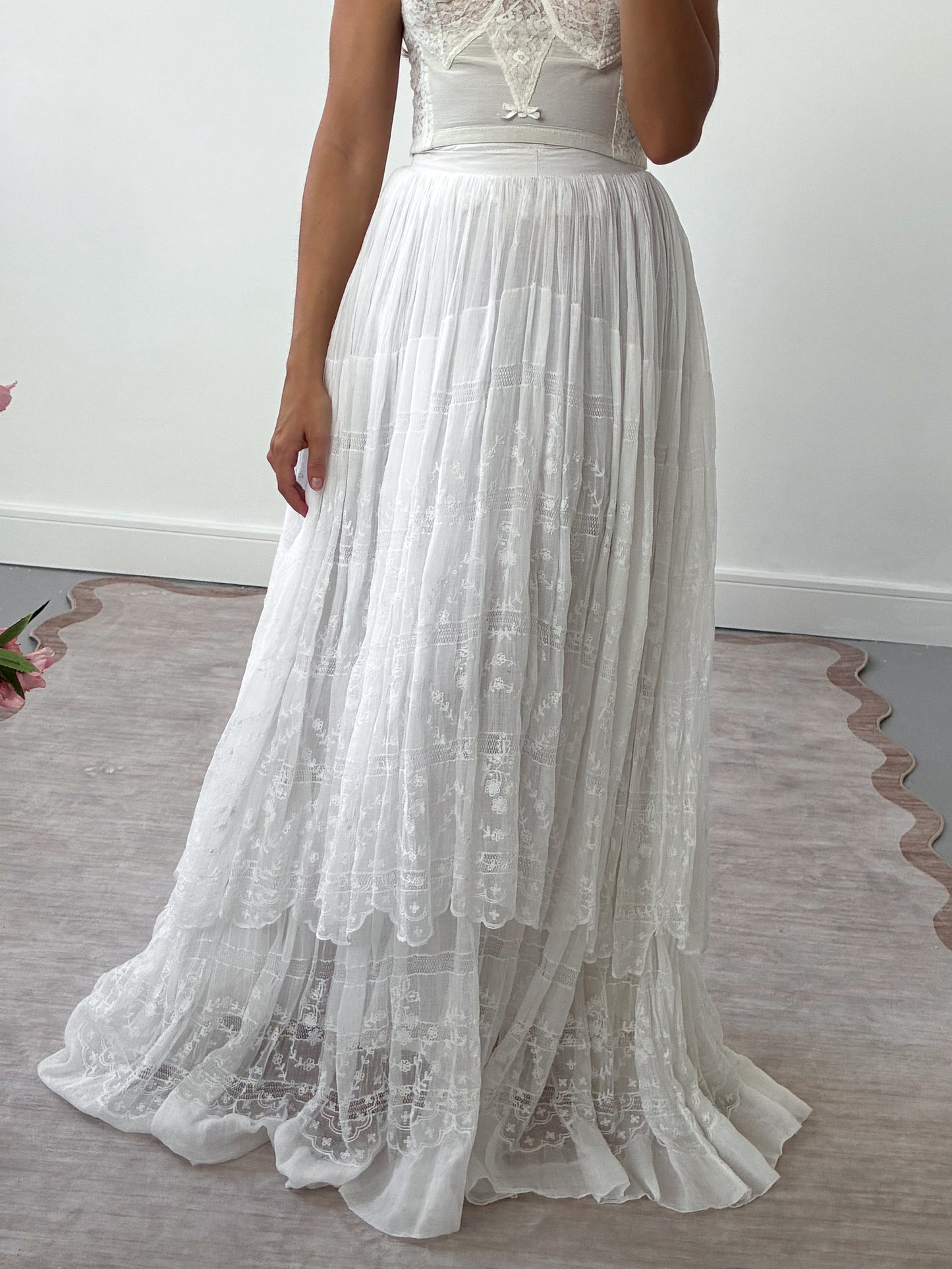 Edwardian Tiered Cotton Lawn Skirt With Floral Embroidery