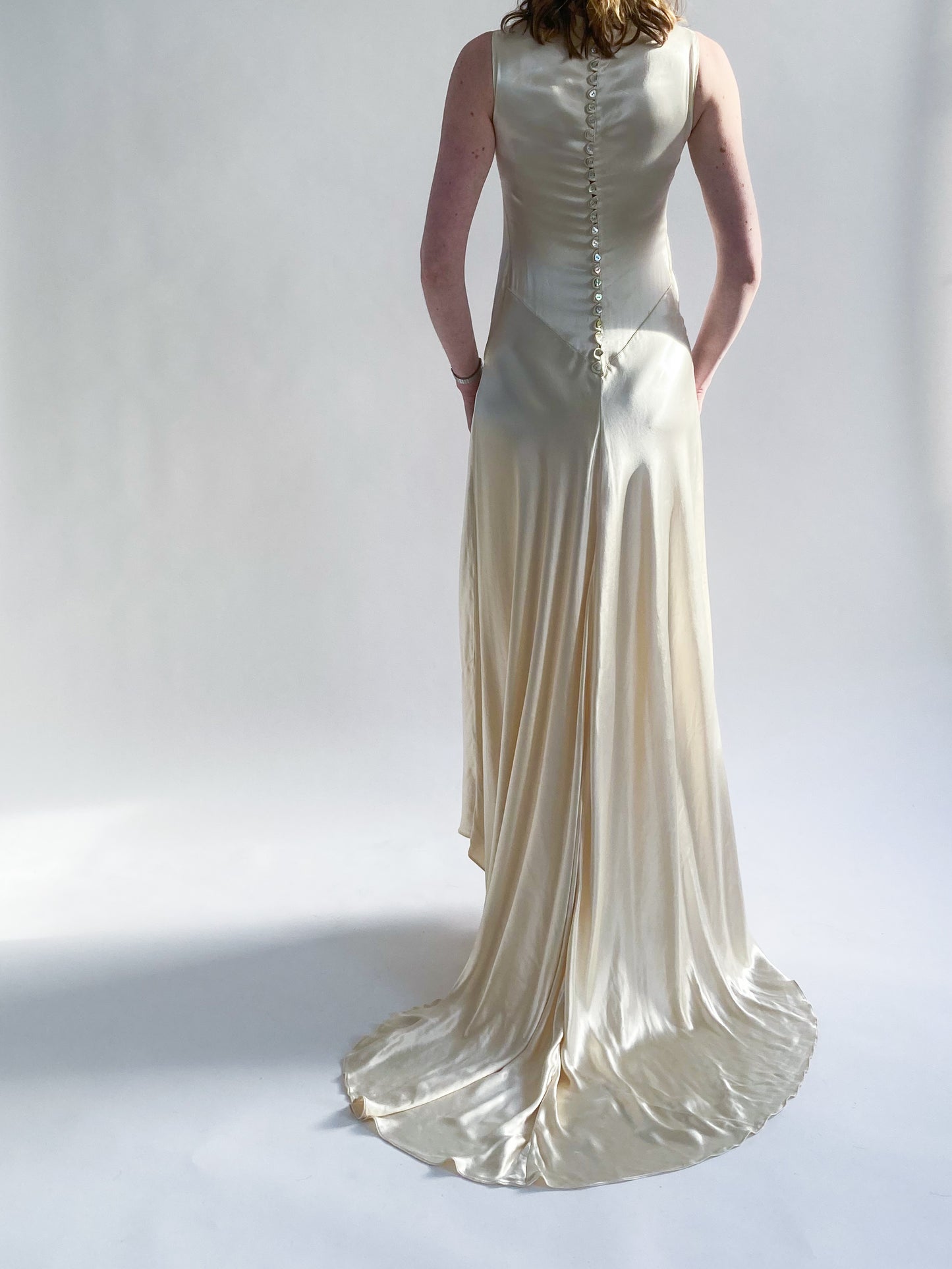 1930s Vanilla Silk Ruched Wedding Gown with Button Back and Sweep Train