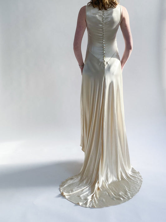 1930s Vanilla Silk Ruched Wedding Gown with Button Back