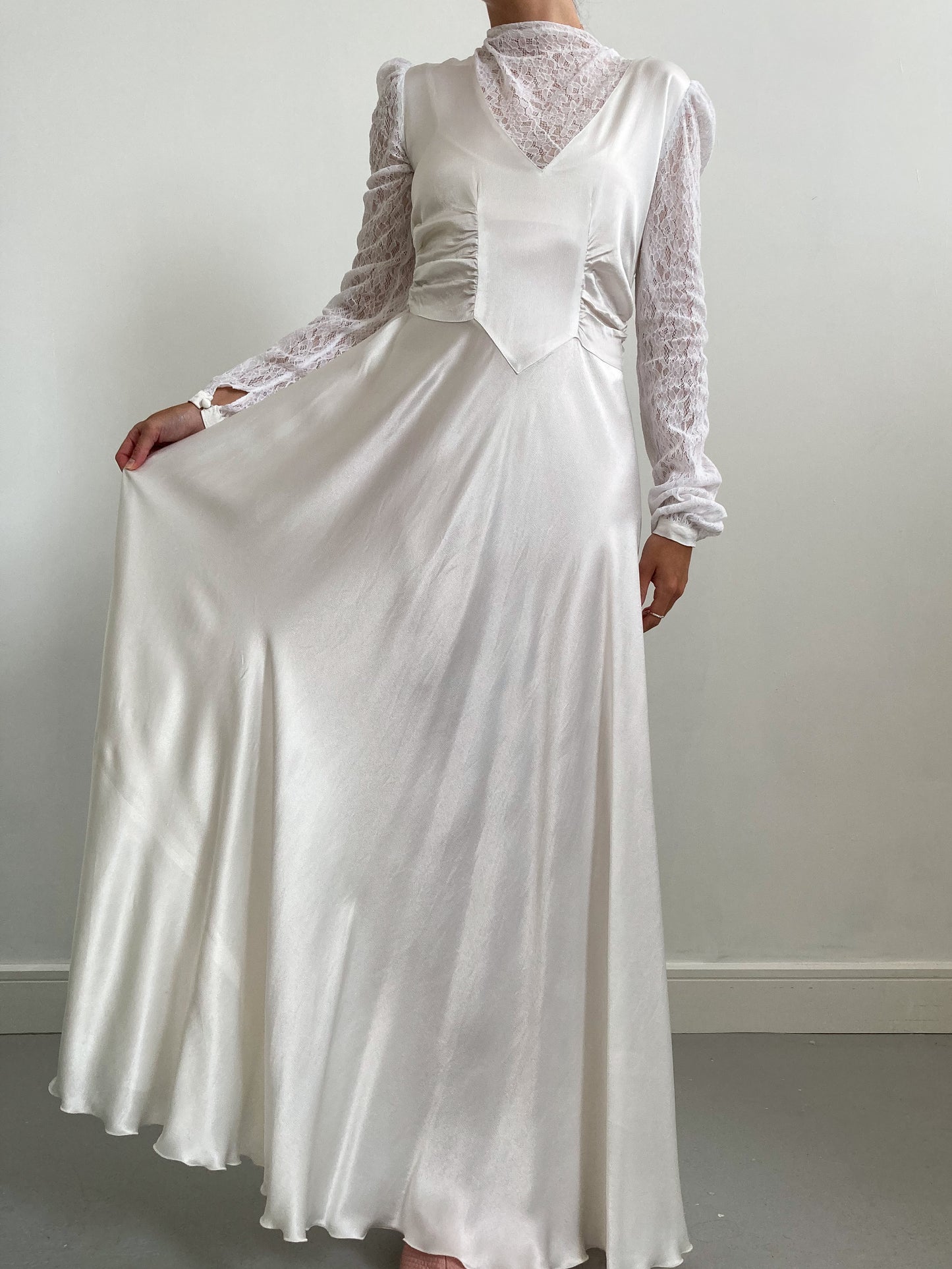 1940s Satin & Lace High Neck Wedding Dress