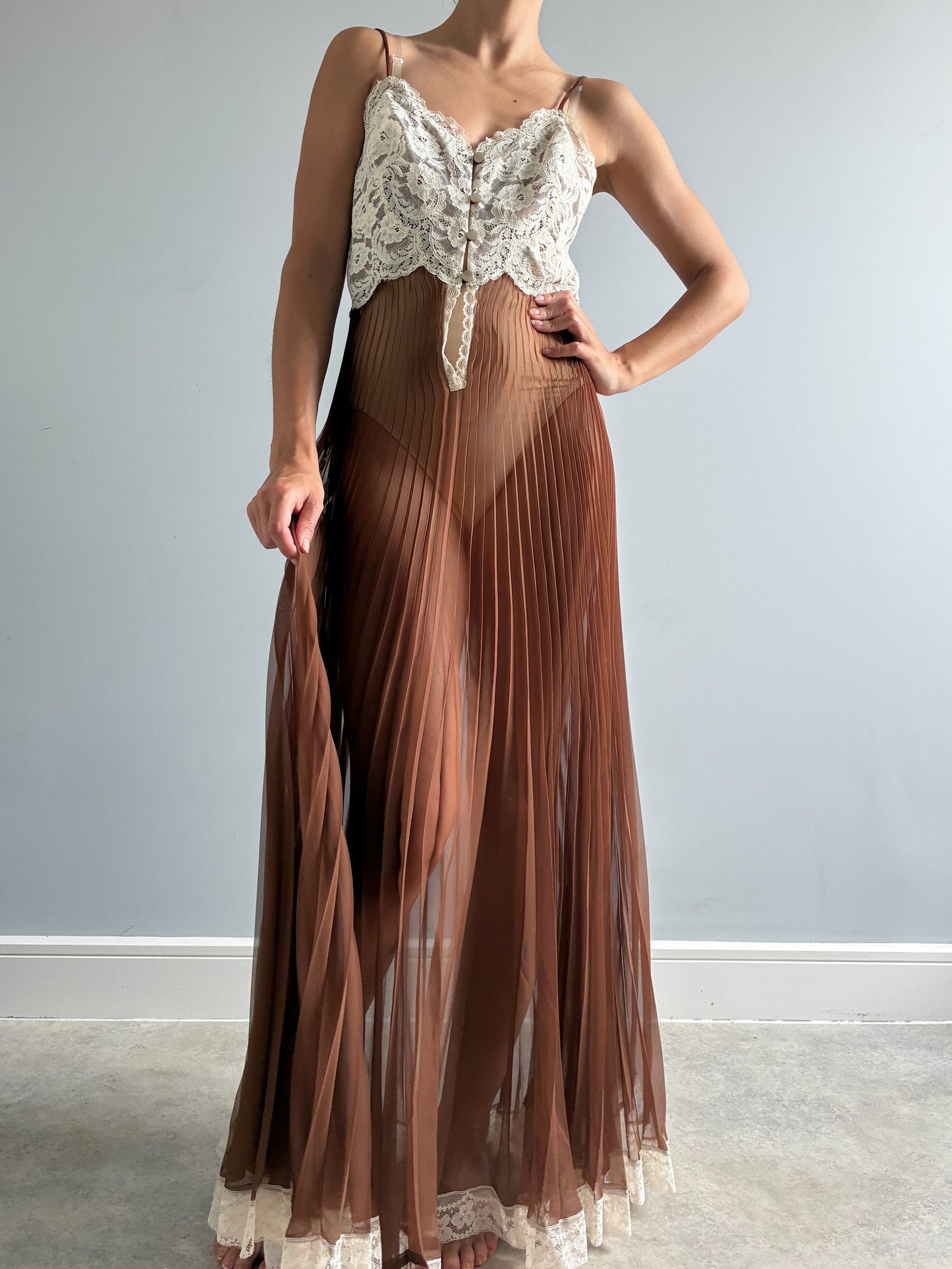 1970s Chocolate Pleated Nightdress with Cream Lace