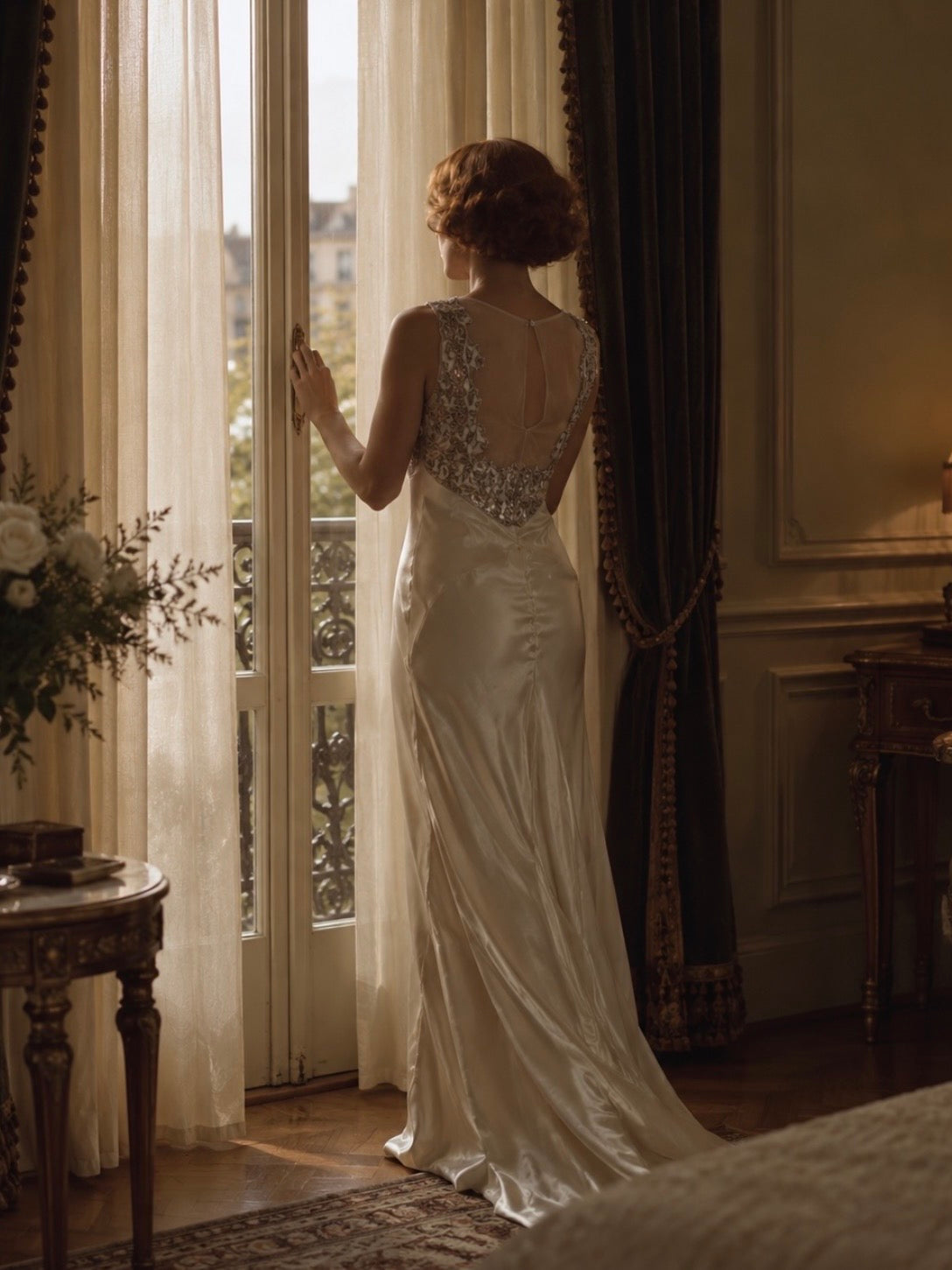 1930s Silk Gown With Beaded Star Neckline And Train M