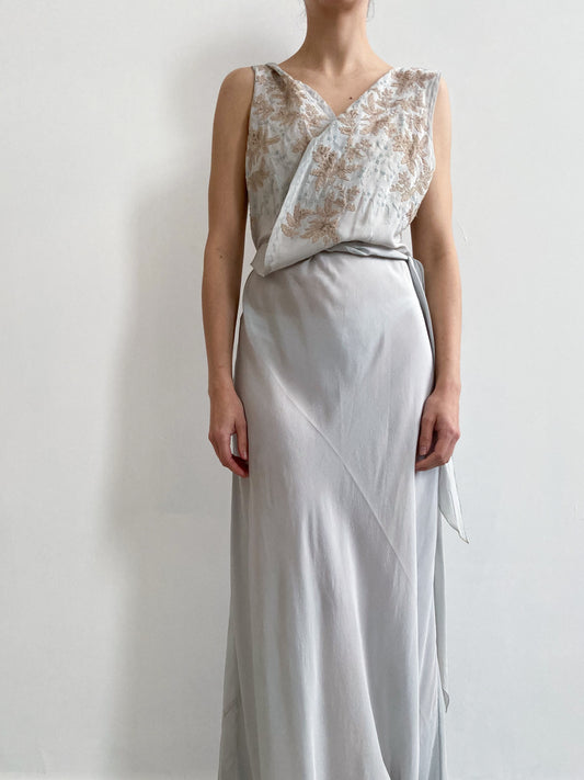 1930s Power Blue Silk Gown with Folded Front & Gold Embroidery