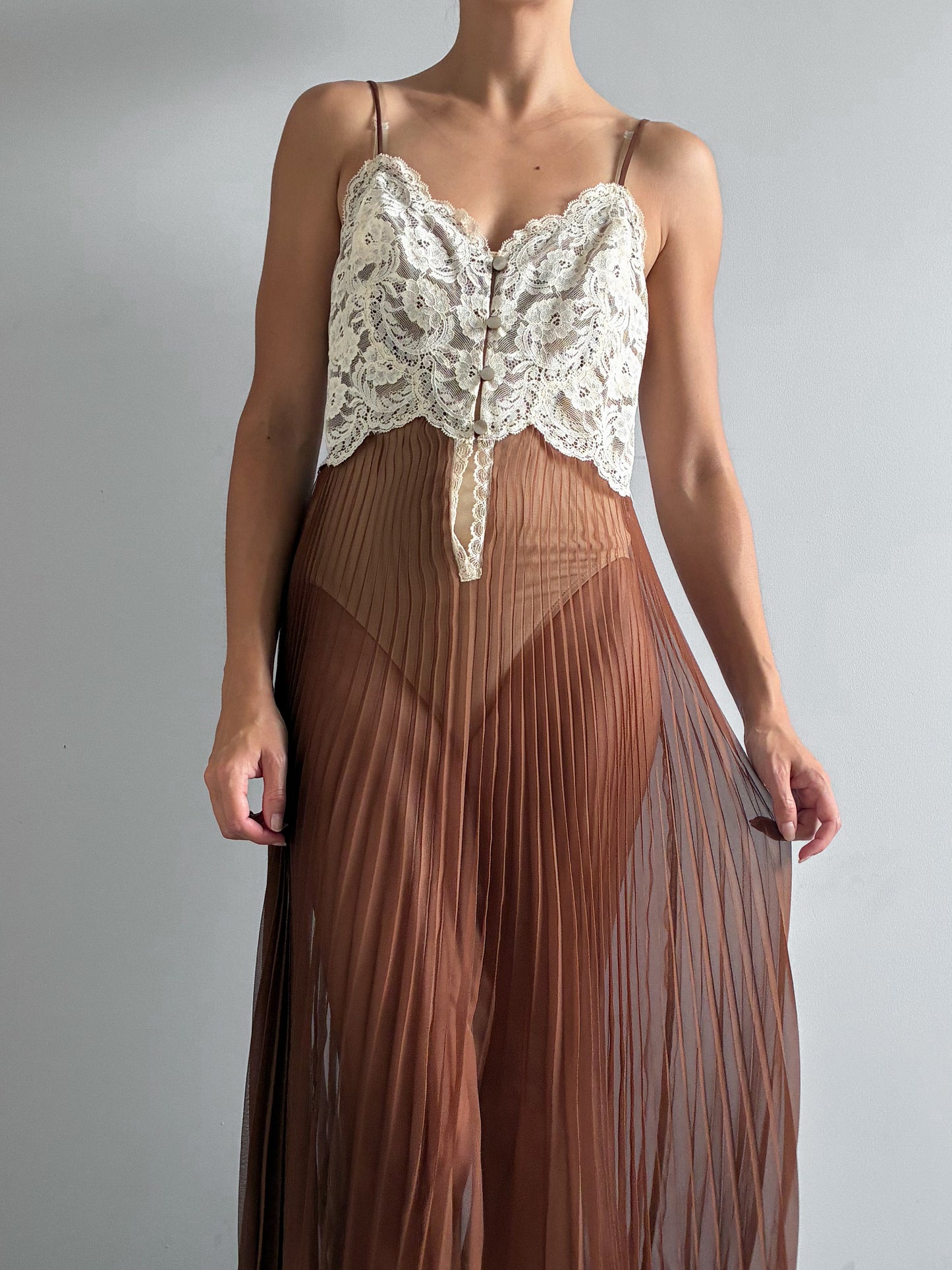 1970s Chocolate Pleated Nightdress with Cream Lace