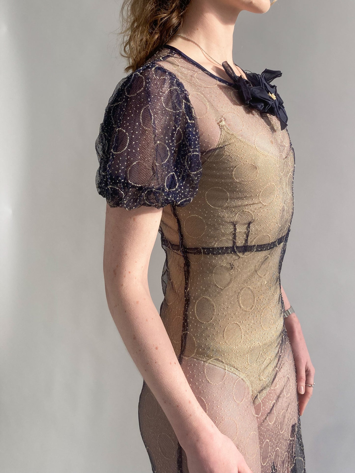 1930s Puff Sleeve Net Dress In Midnight Blue