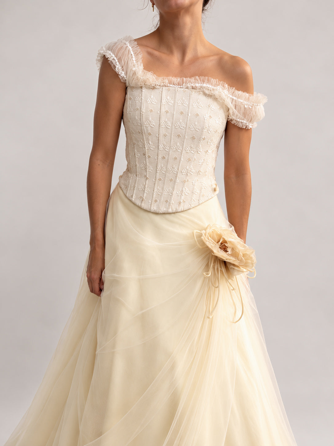 1990s Italian Bridal Two Piece With Embroidered Corset & Tulle Skirt XS S