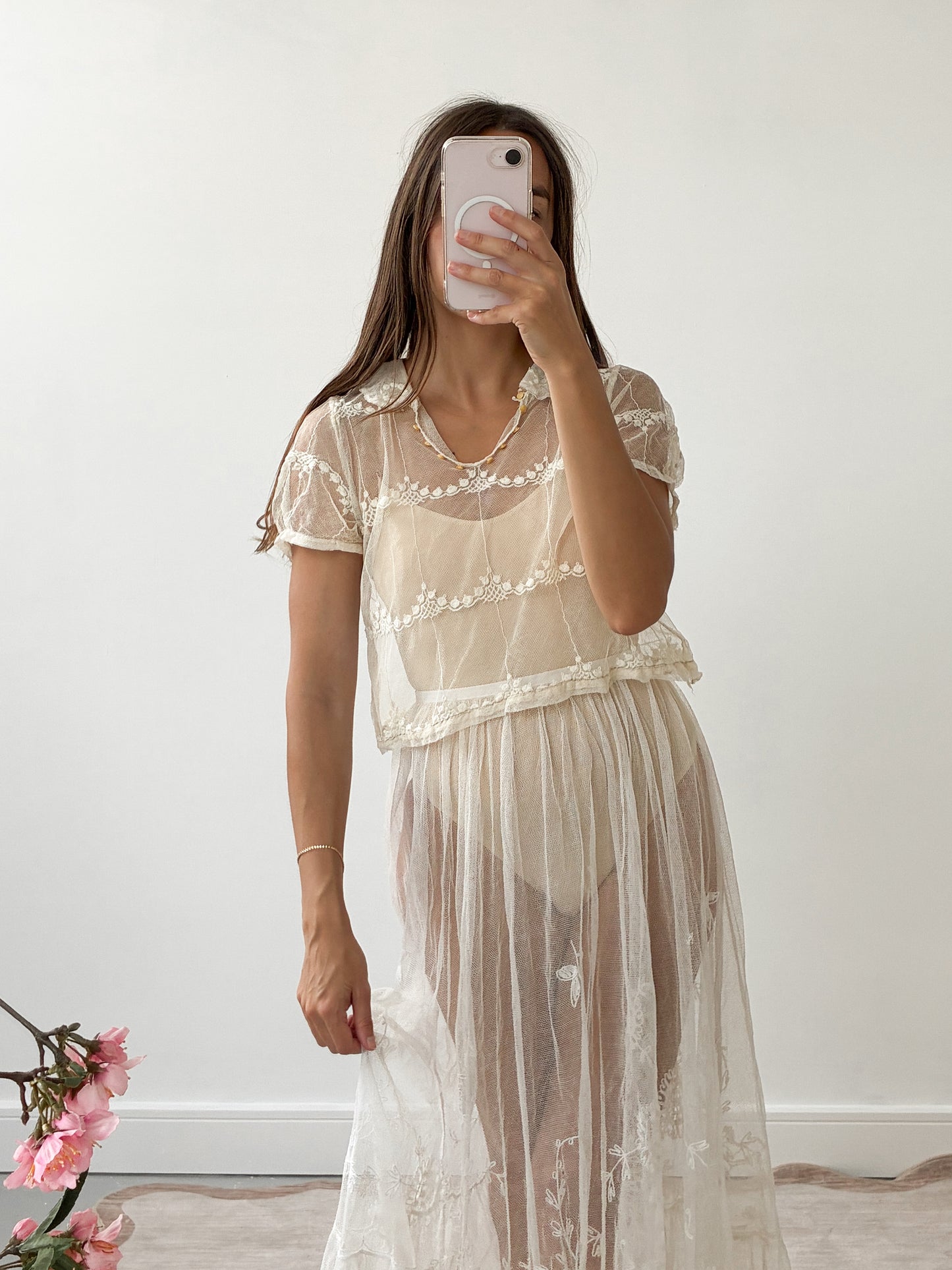 Antique French Embroidered Net Blouse In Cream S
