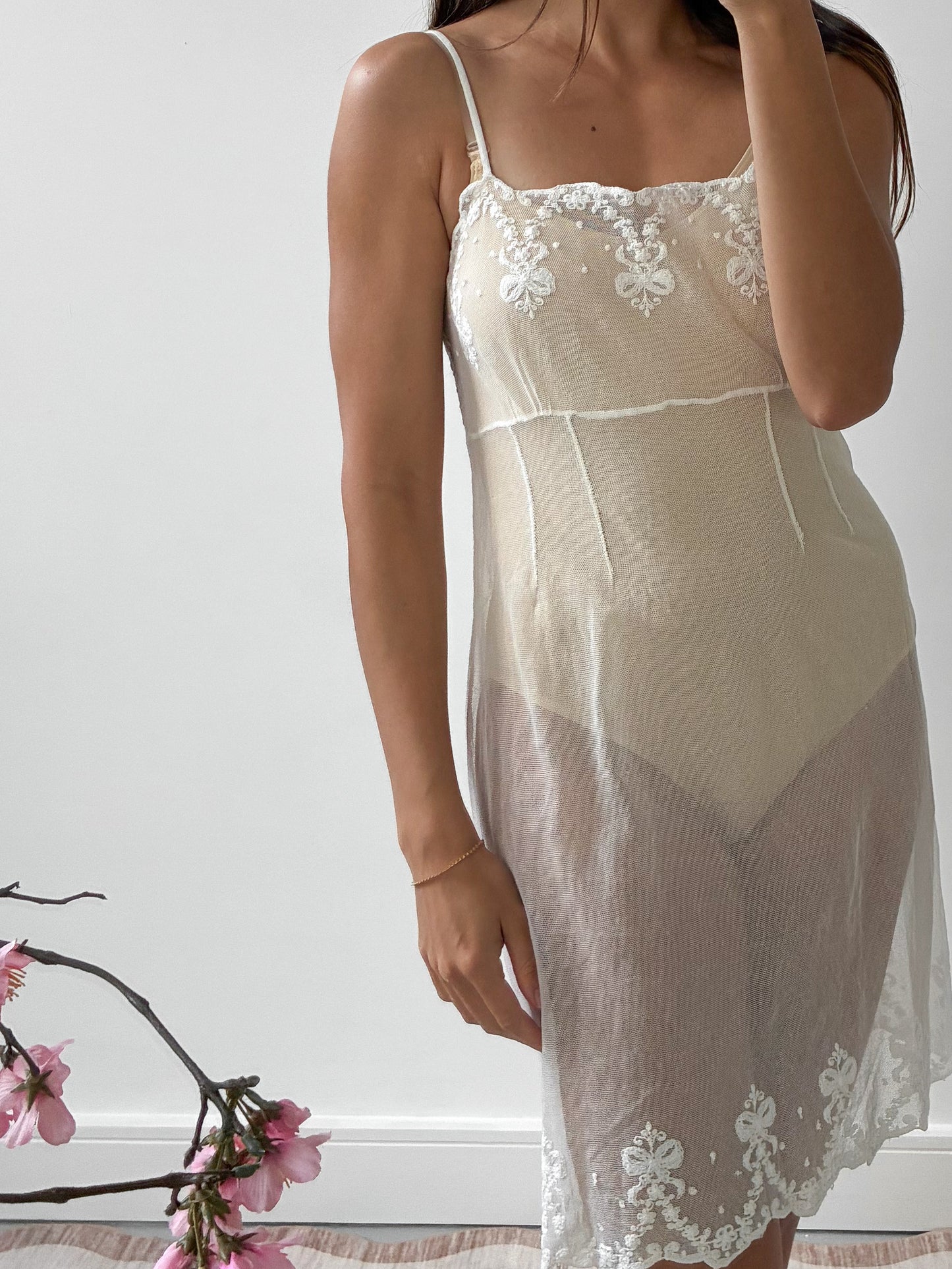 Antique Sheer Net Mini Slip With Bow Embroidery M