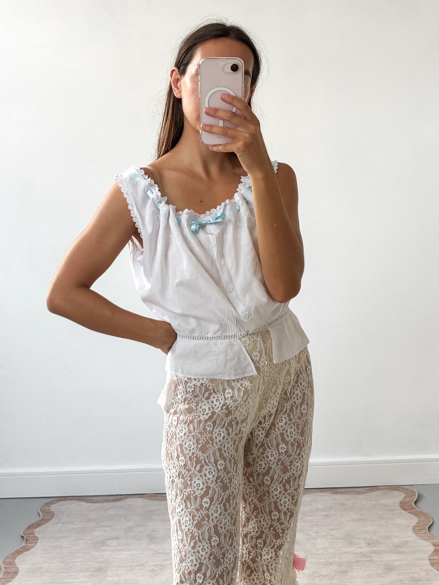 Antique Cotton Top With Blue Ribbon