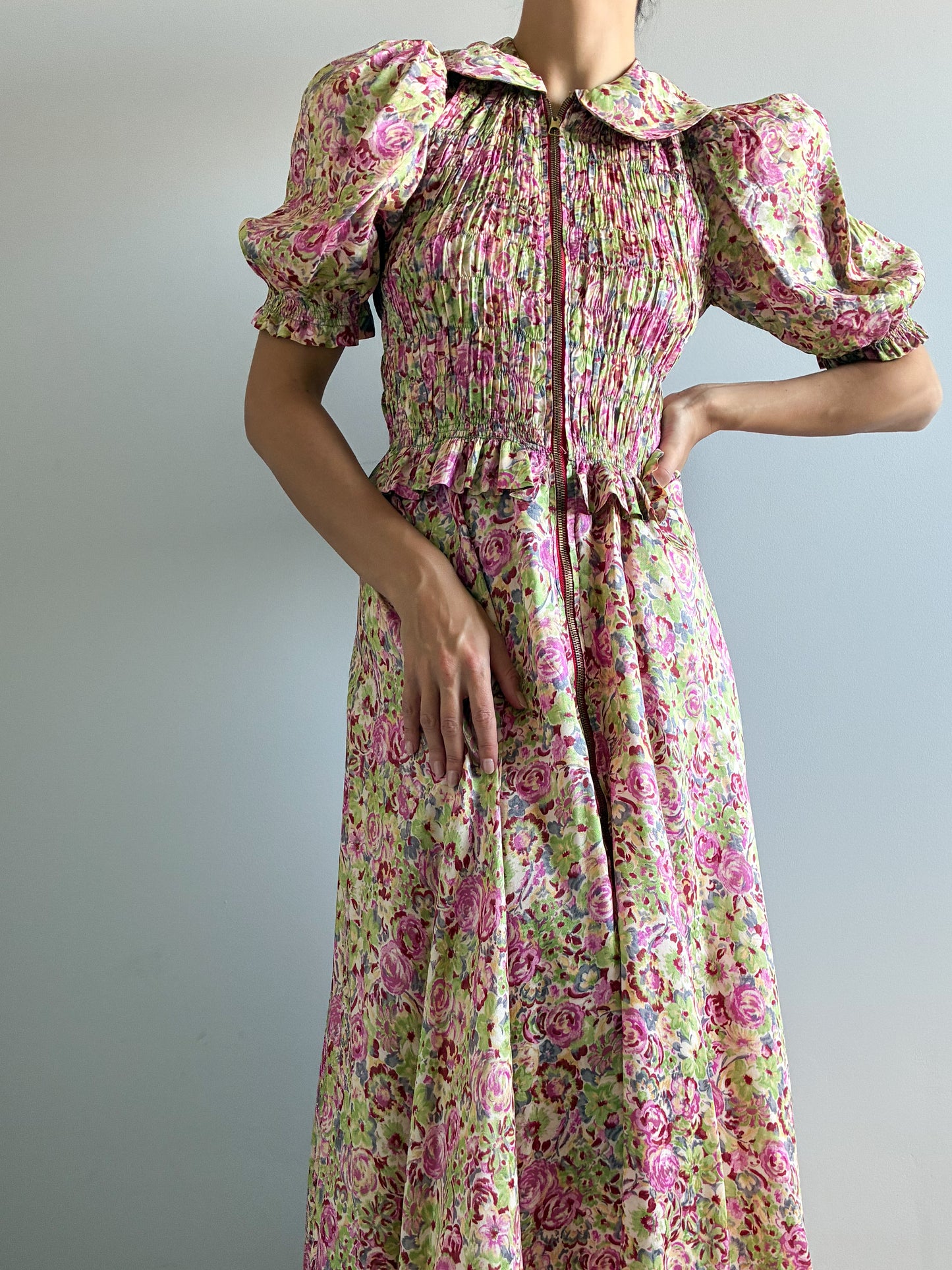 1930s Asymmetrical Floral Puff Sleeve Robe