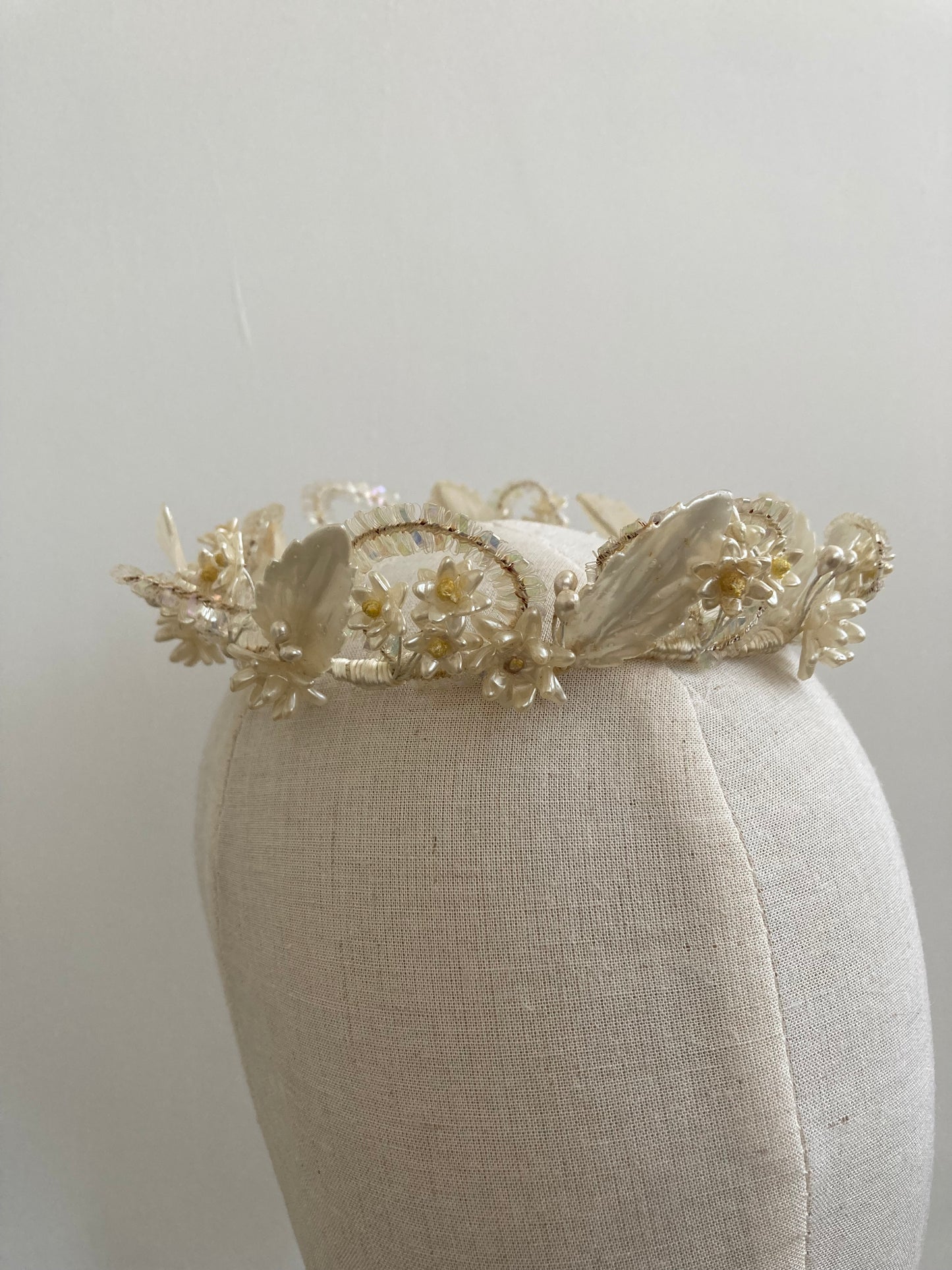 1940s Ornate Tiara with Pearlised Wax Flowers and Sequin Detail