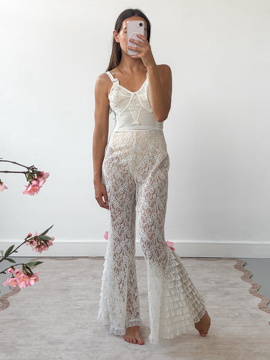 1970s Floral Lace Bell Bottom Pants With Ruffle Detail S