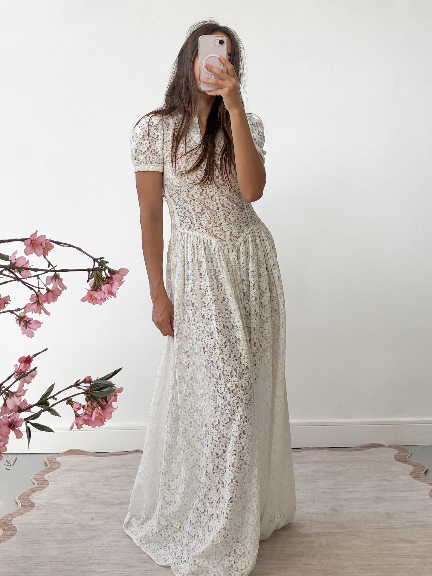 1930s Ivory Floral Lace Wedding Dress With Puff Sleeves And Sweep Train