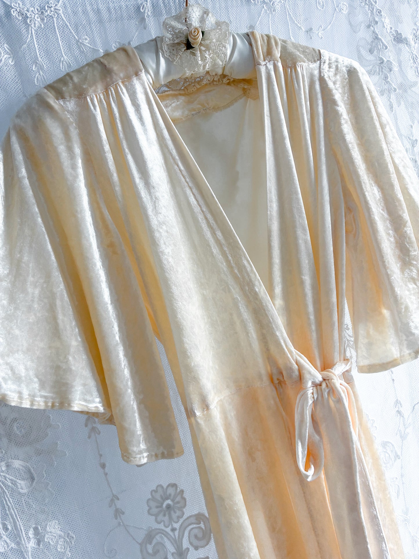 1970s Crushed Velvet Robe With Triangle Sleeves In Buttercream