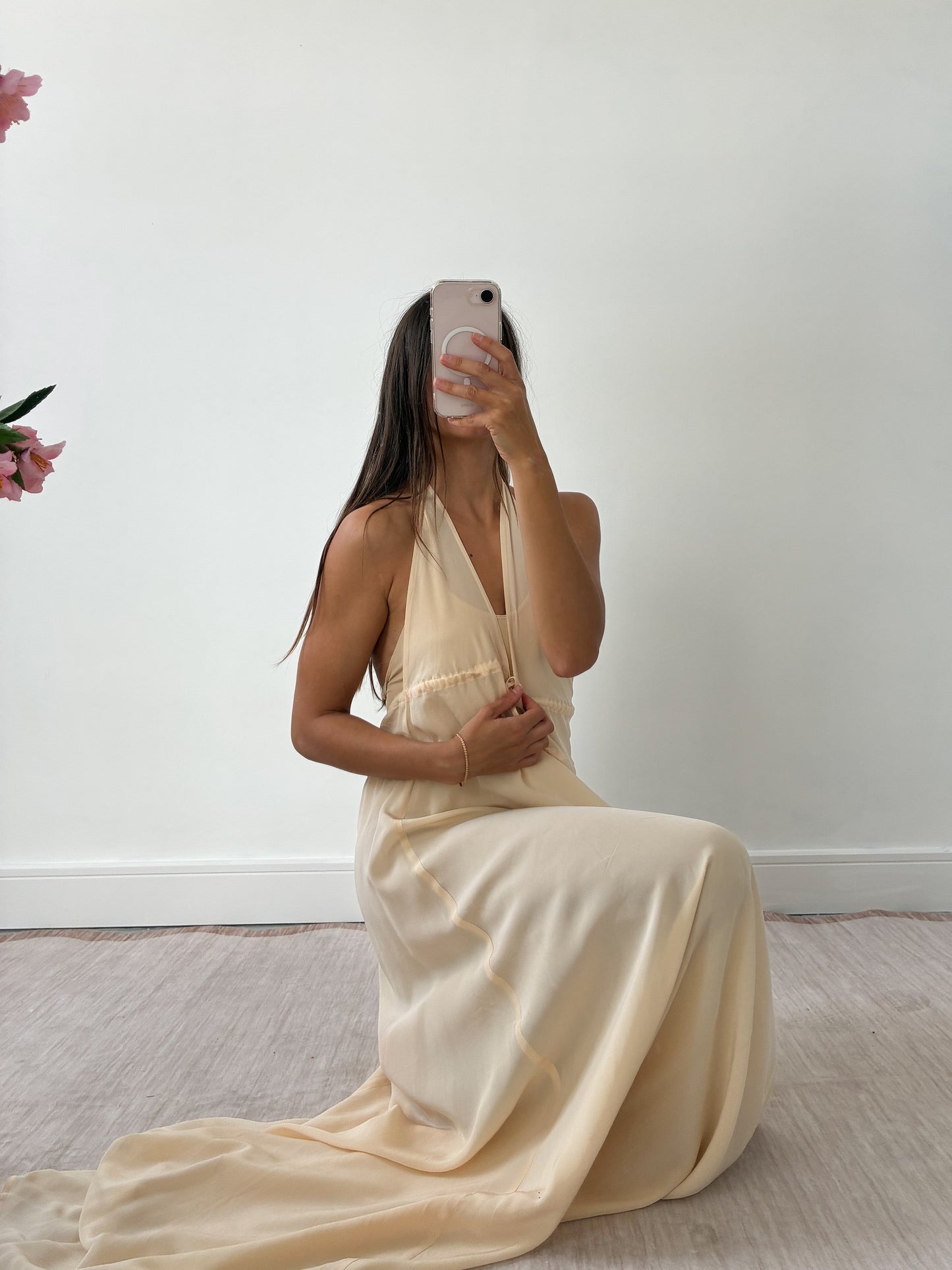 1990s Yellow Silk Halterneck Gown L XL