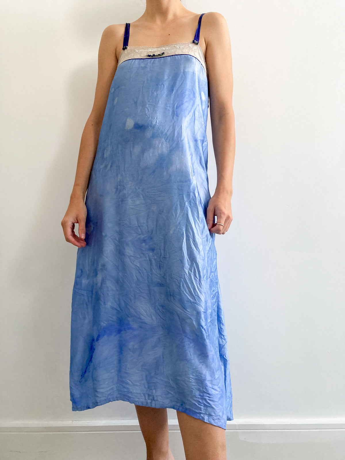 1920s Hand Dyed Satin Slip with Floral Lace in Midnight