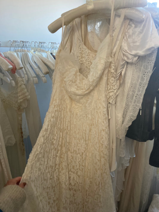 50s strapless ivory chiffon floral gown