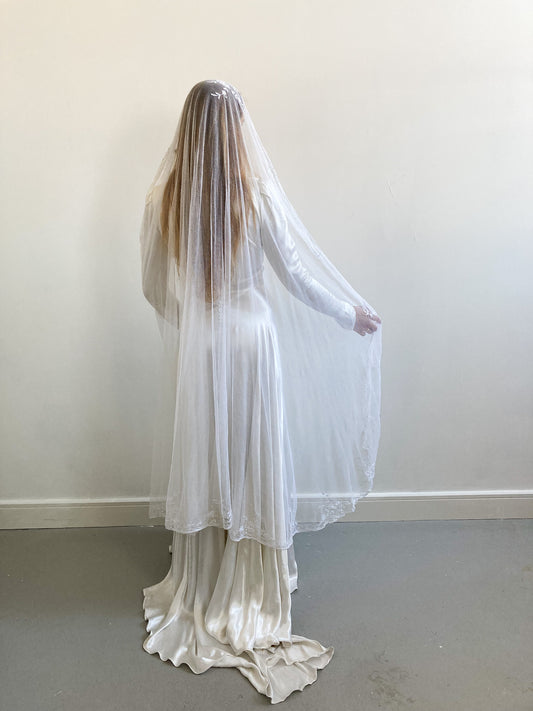 Antique Cathedral Tulle Veil with Fine Floral Edging