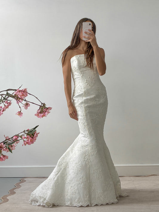 2001 Designer Maggie Sottero Lace Beaded Mermaid Wedding Dress XS S
