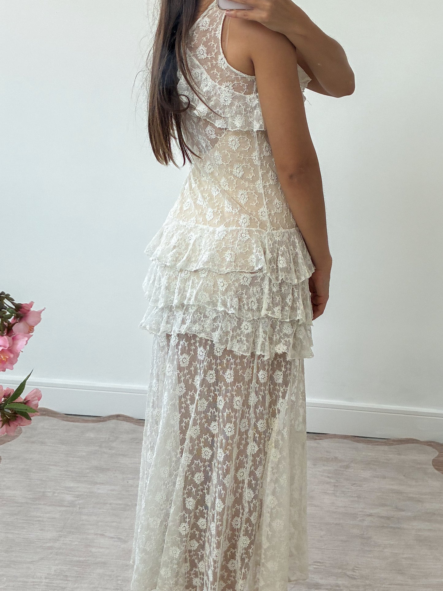 1930s French Floral Lace Dress With Ruffle Detail S