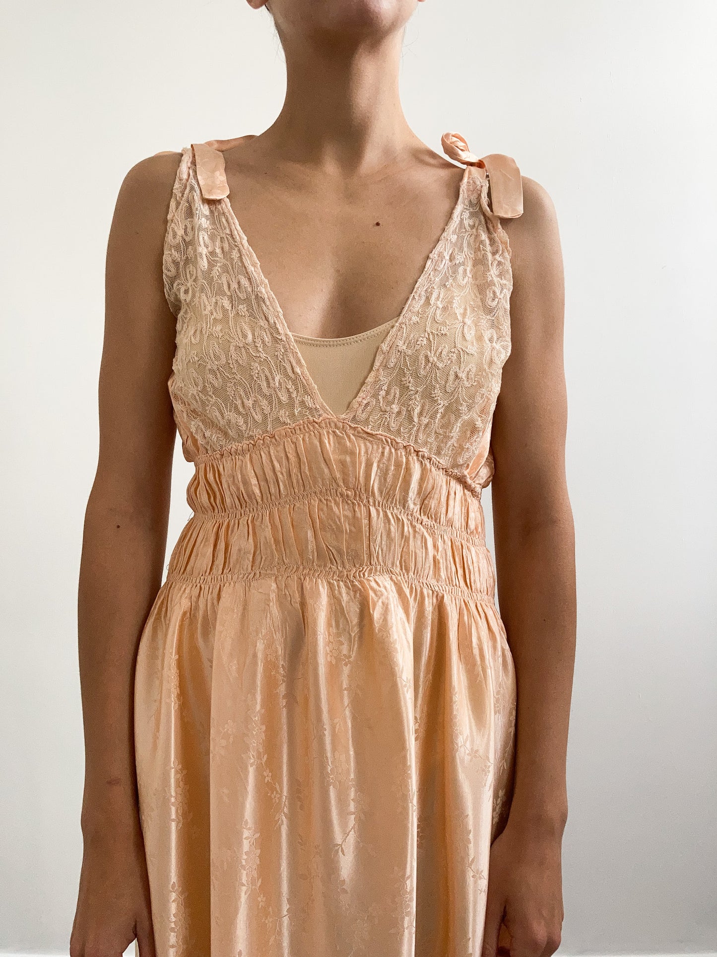 1930s Peach Floral Satin & Lace Slip with Tie Up Straps