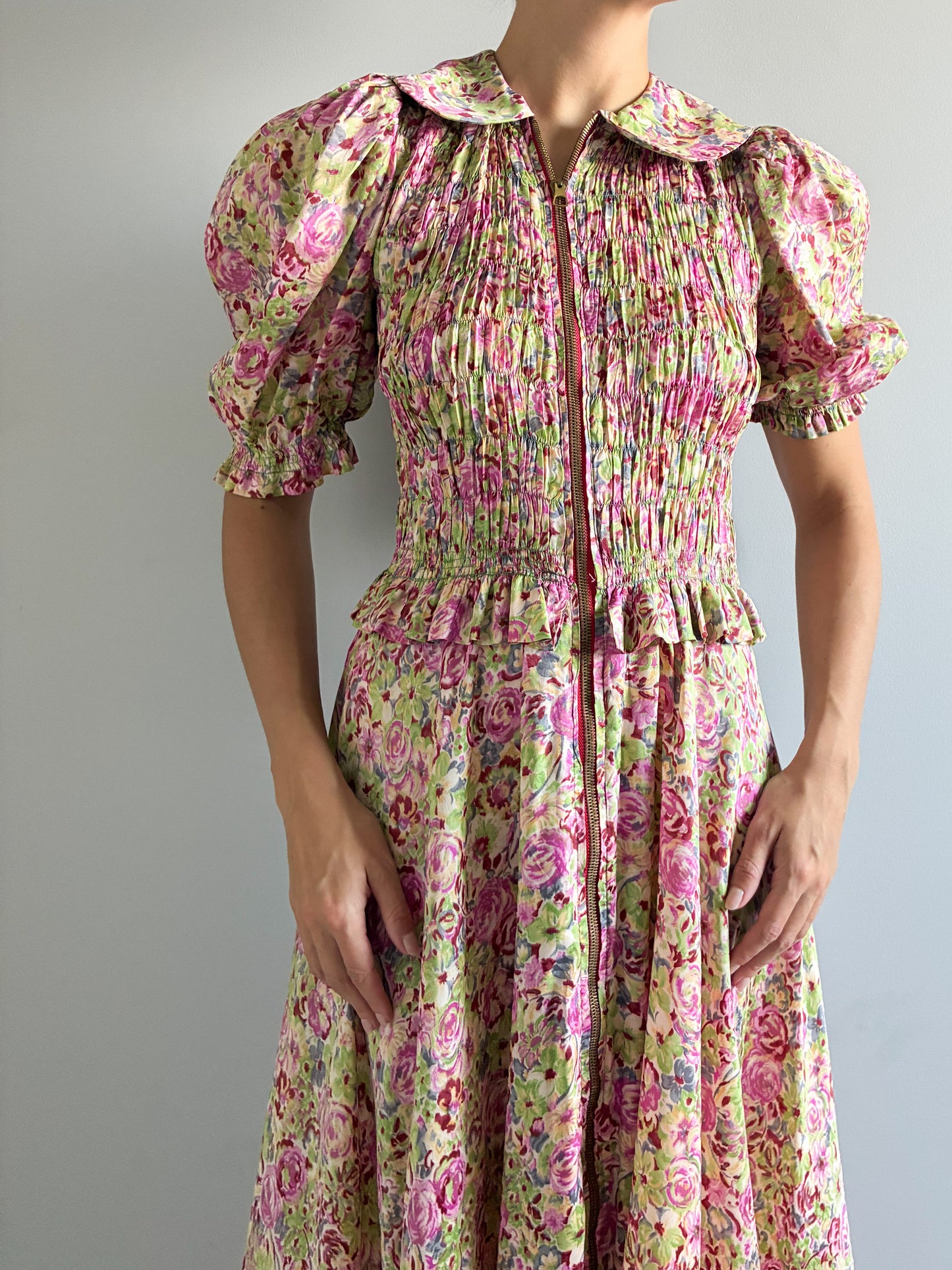 1930s Asymmetrical Floral Puff Sleeve Robe