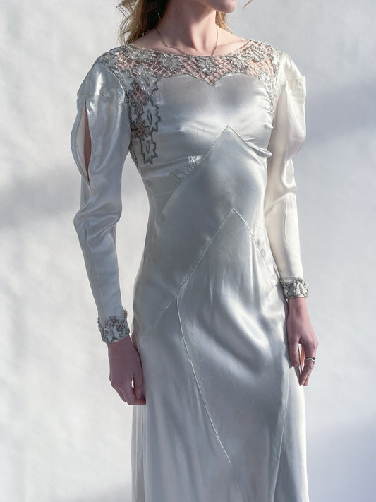 1930s Silk Charmeuse Wedding Dress With Star Embroidery