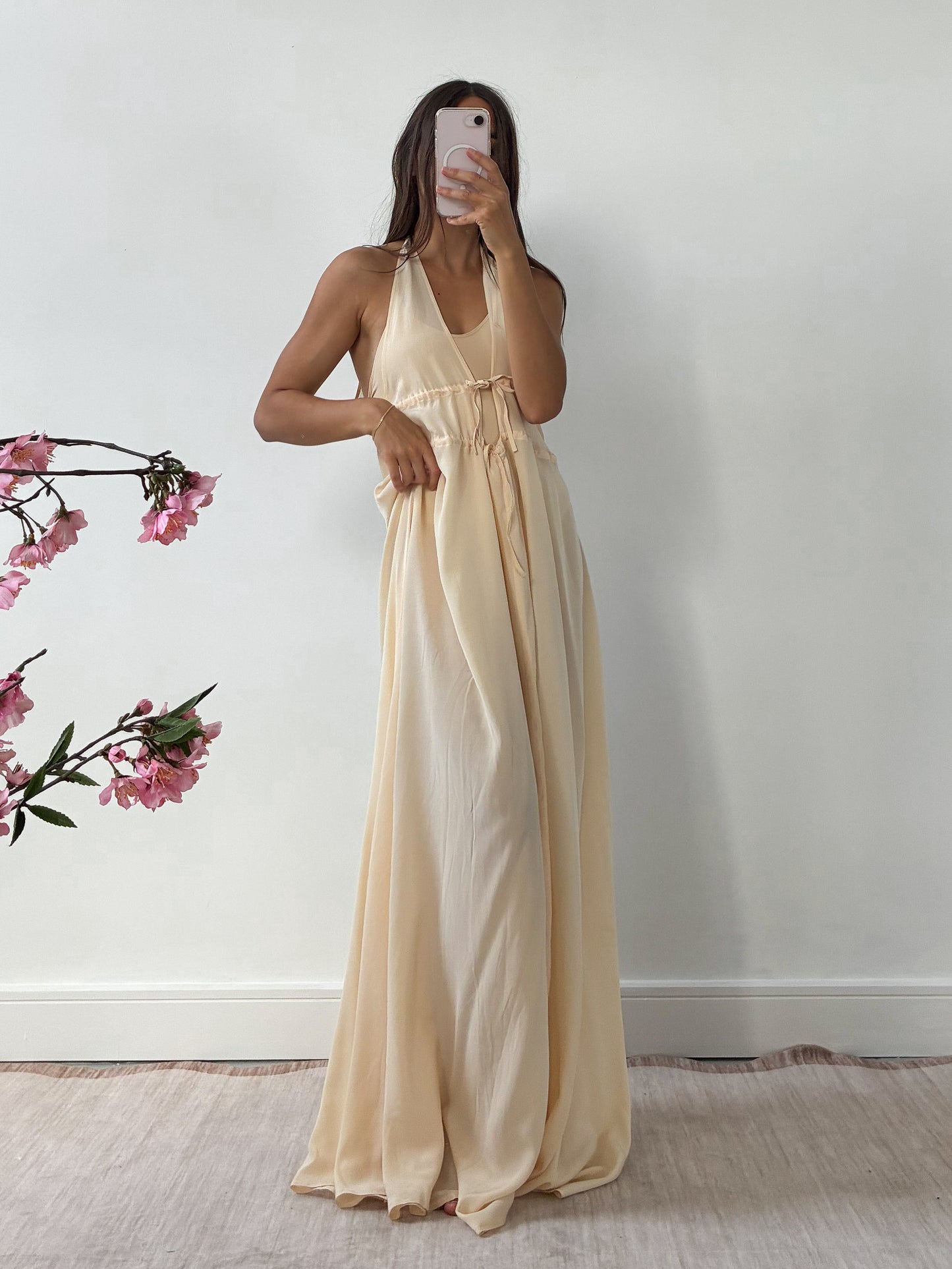 1990s Yellow Silk Halterneck Gown L XL
