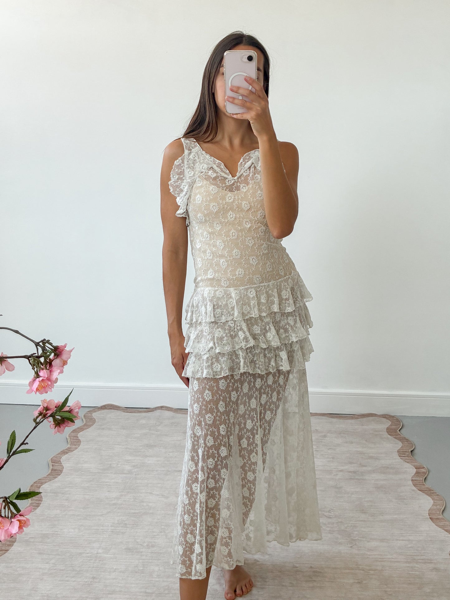 1930s French Floral Lace Dress With Ruffle Detail S