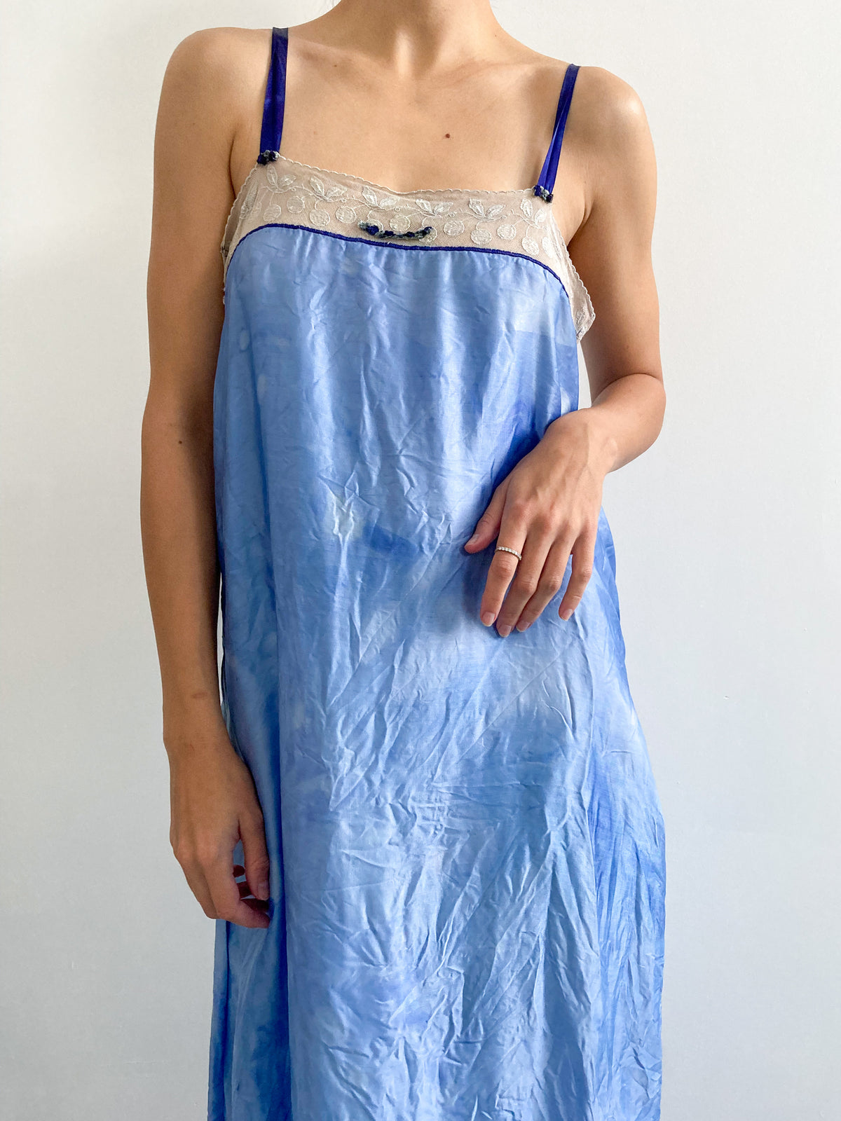 1920s Hand Dyed Satin Slip with Floral Lace in Midnight