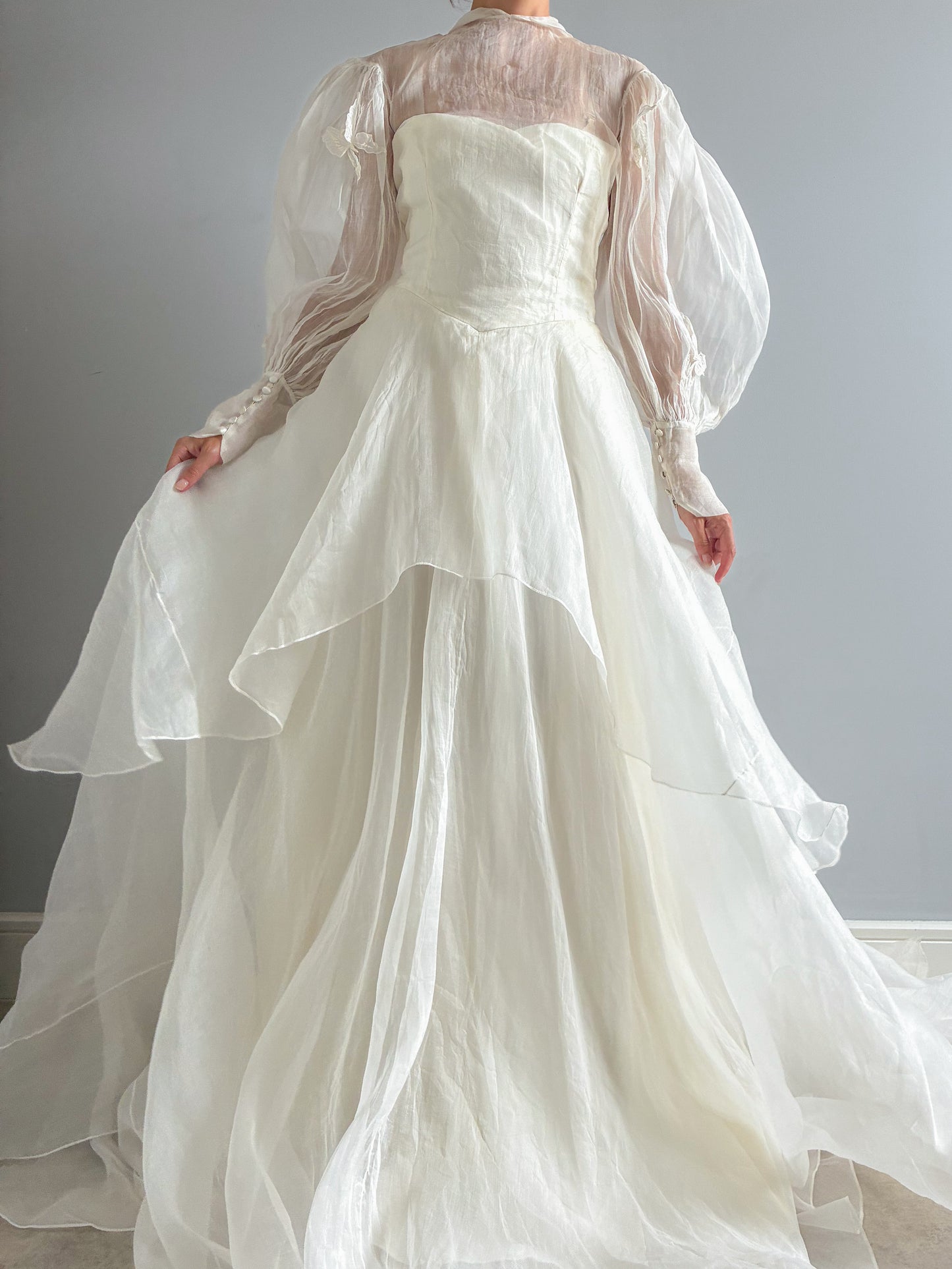 1940s Tiered Organza Wedding Gown With Puff Sleeves And Butterfly Detail