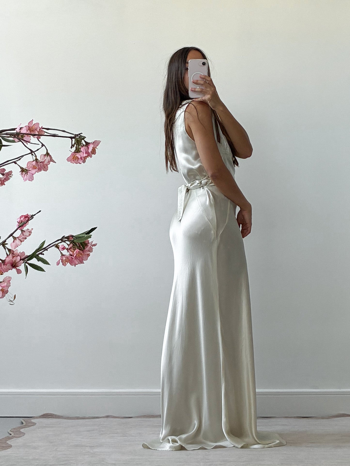 1930s Liquid Satin Bias-Cut Slip Wedding Dress With Matching Belt