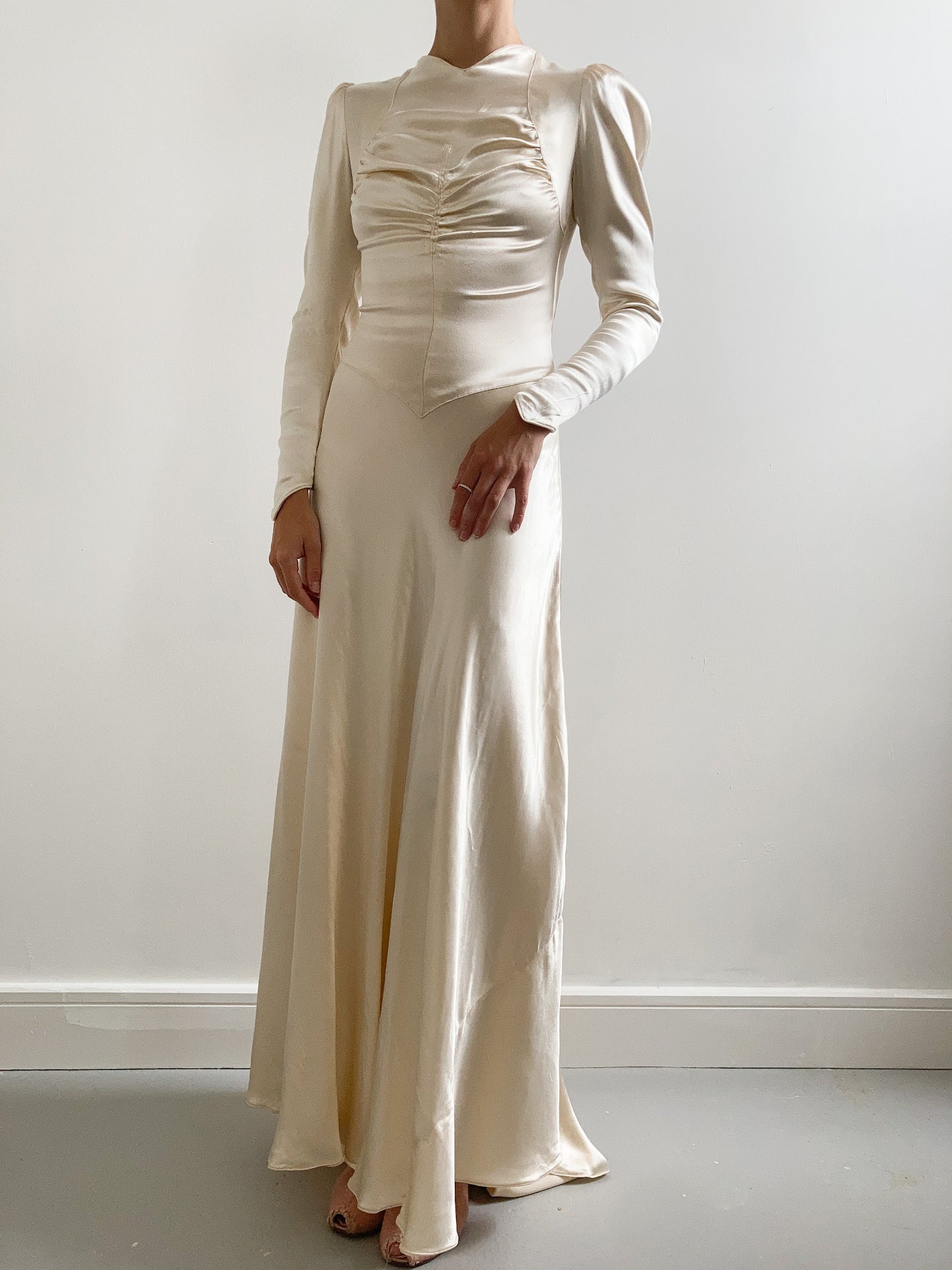 1930s Vanilla Silk Ruched Wedding Gown with Button Back