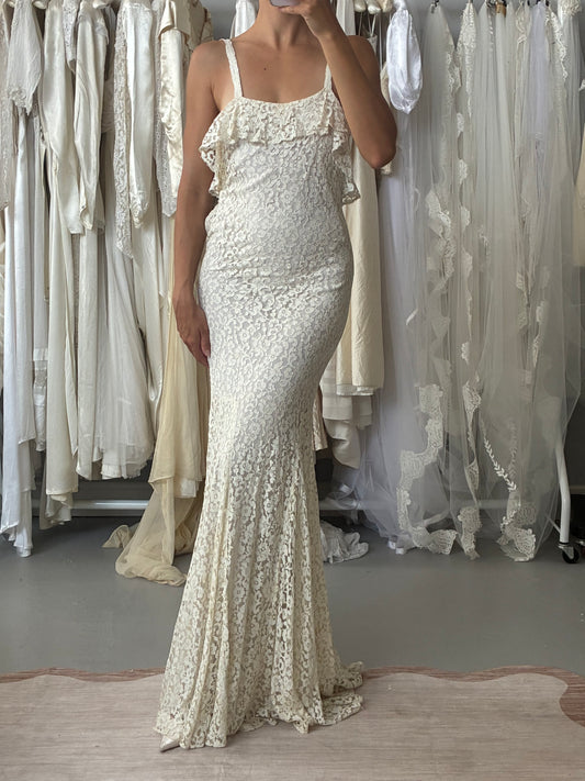 1930s Ivory Lace Ruffled Wedding Dress with Bolero