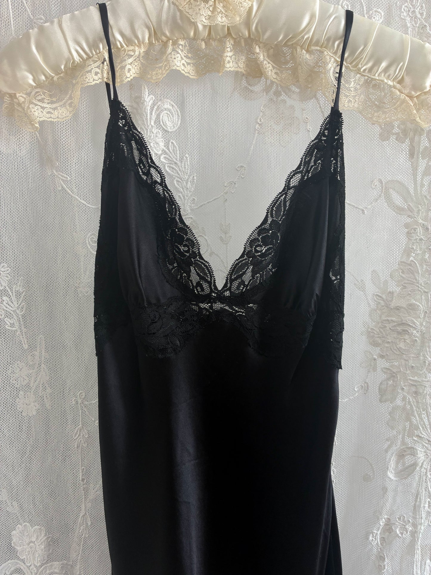 1990s Black Silk Mini Slip With Lace Trim