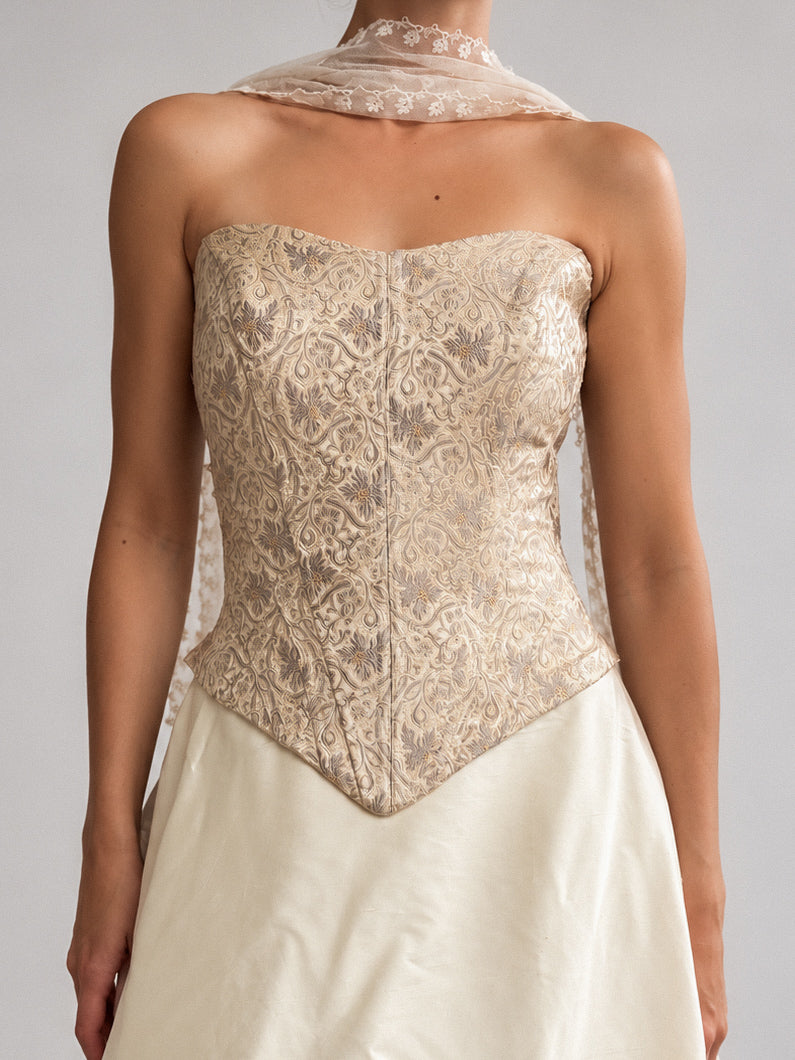 1990s Silk Boned Lace-Up Corset In Champagne Gold XS S M