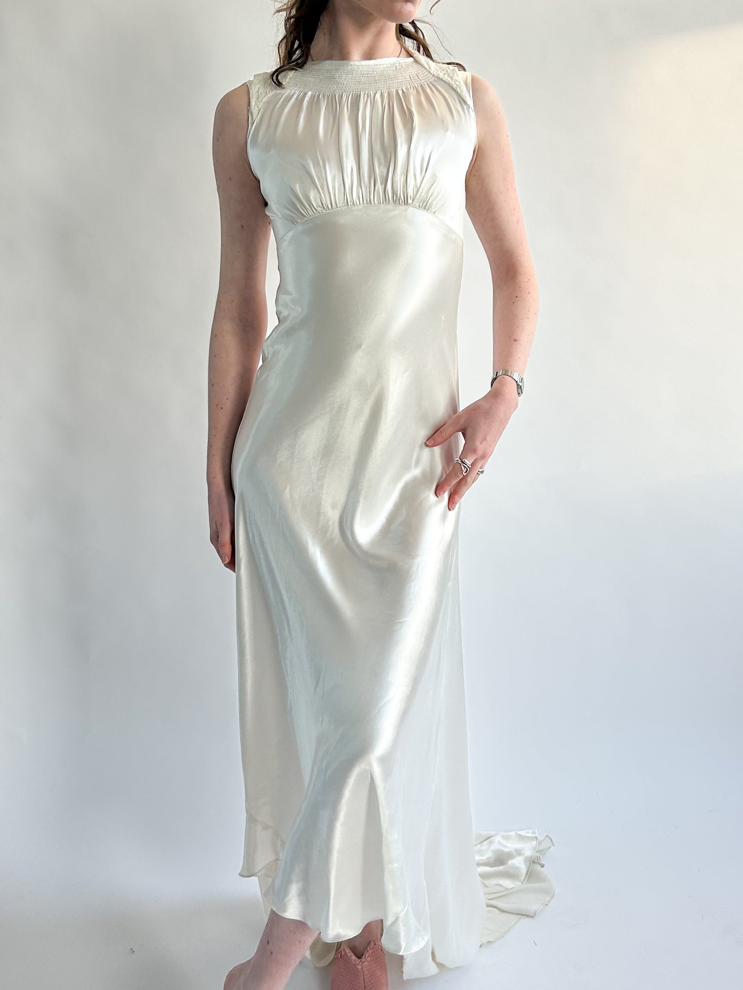 1930s Ivory Satin Sleeveless Wedding Dress with Gathered Neck & Train