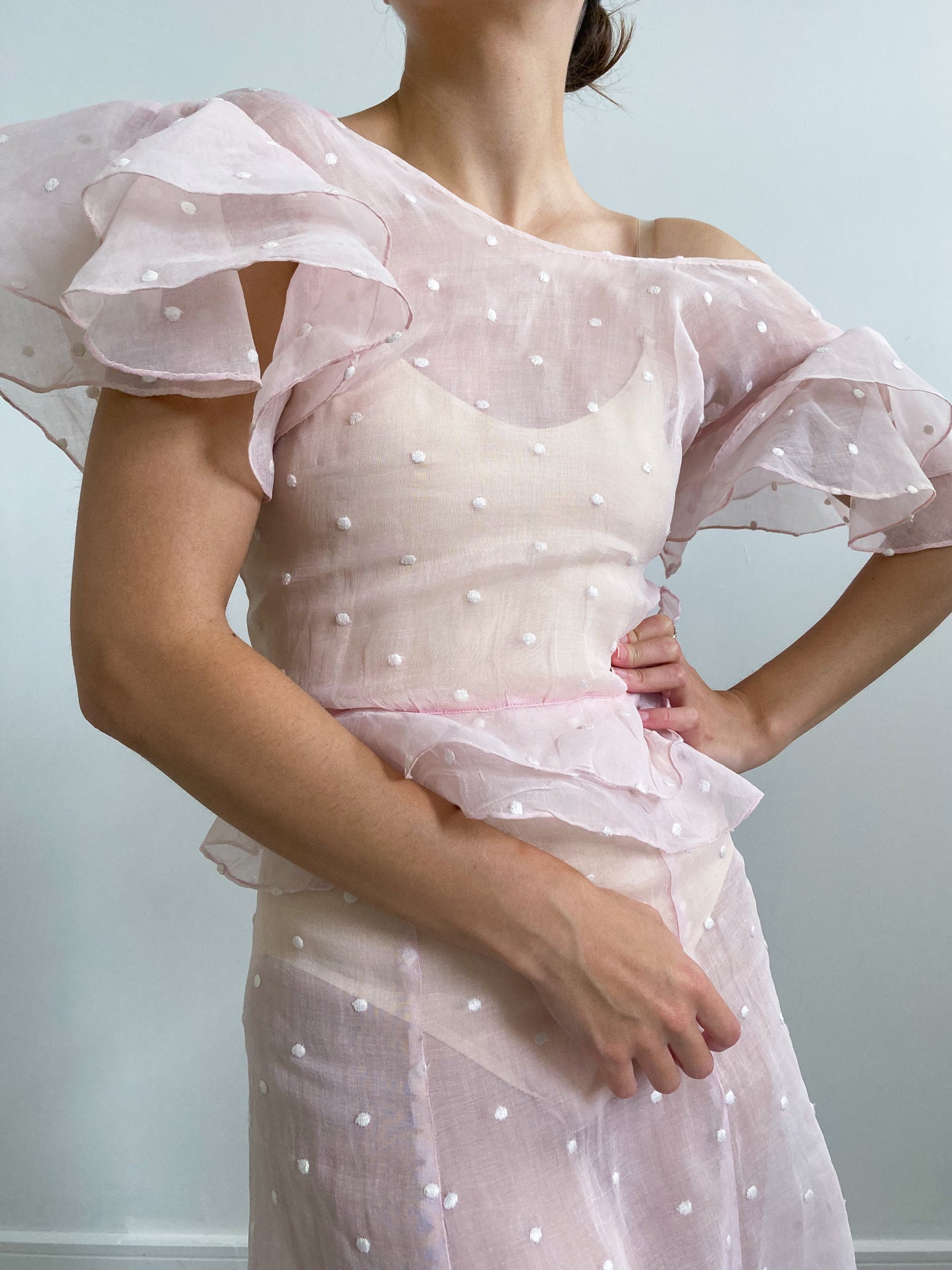 1930s Pink Dotted Cotton Organdy Dress with Ruffle Sleeves