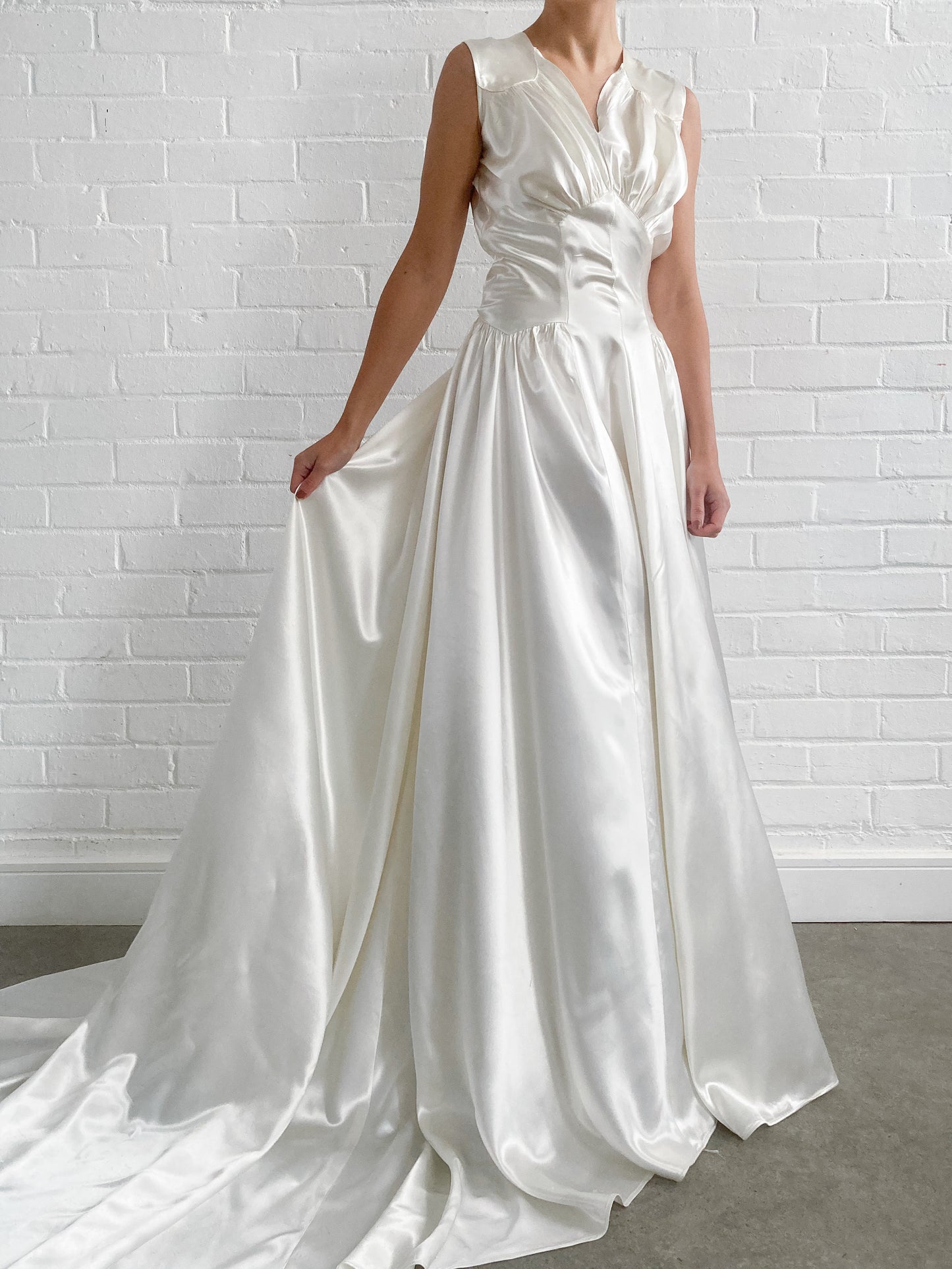 1940s Gathered Satin Wedding Gown with Chapel Train