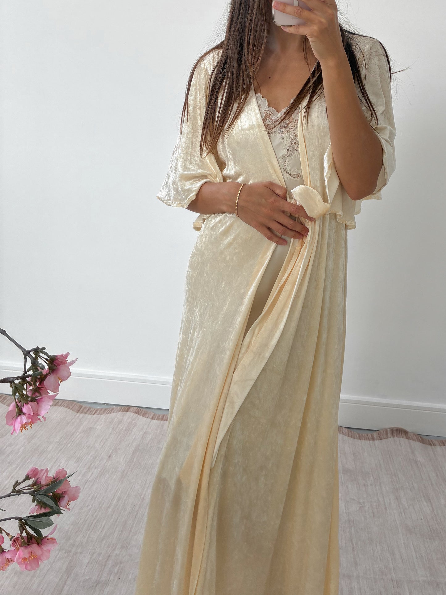 1970s Crushed Velvet Robe With Triangle Sleeves In Buttercream M L