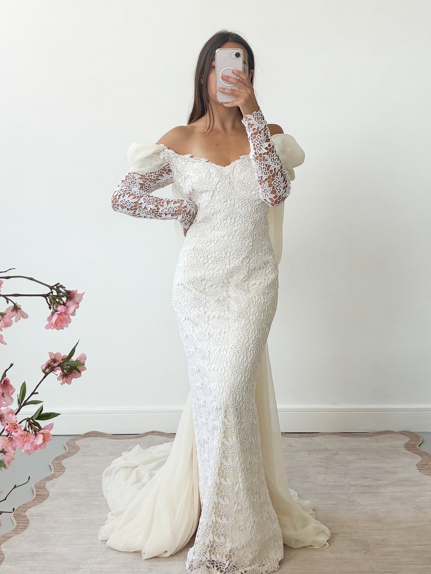 1980s Lace And Chiffon Column Dress With Detachable Cathedral Train S M