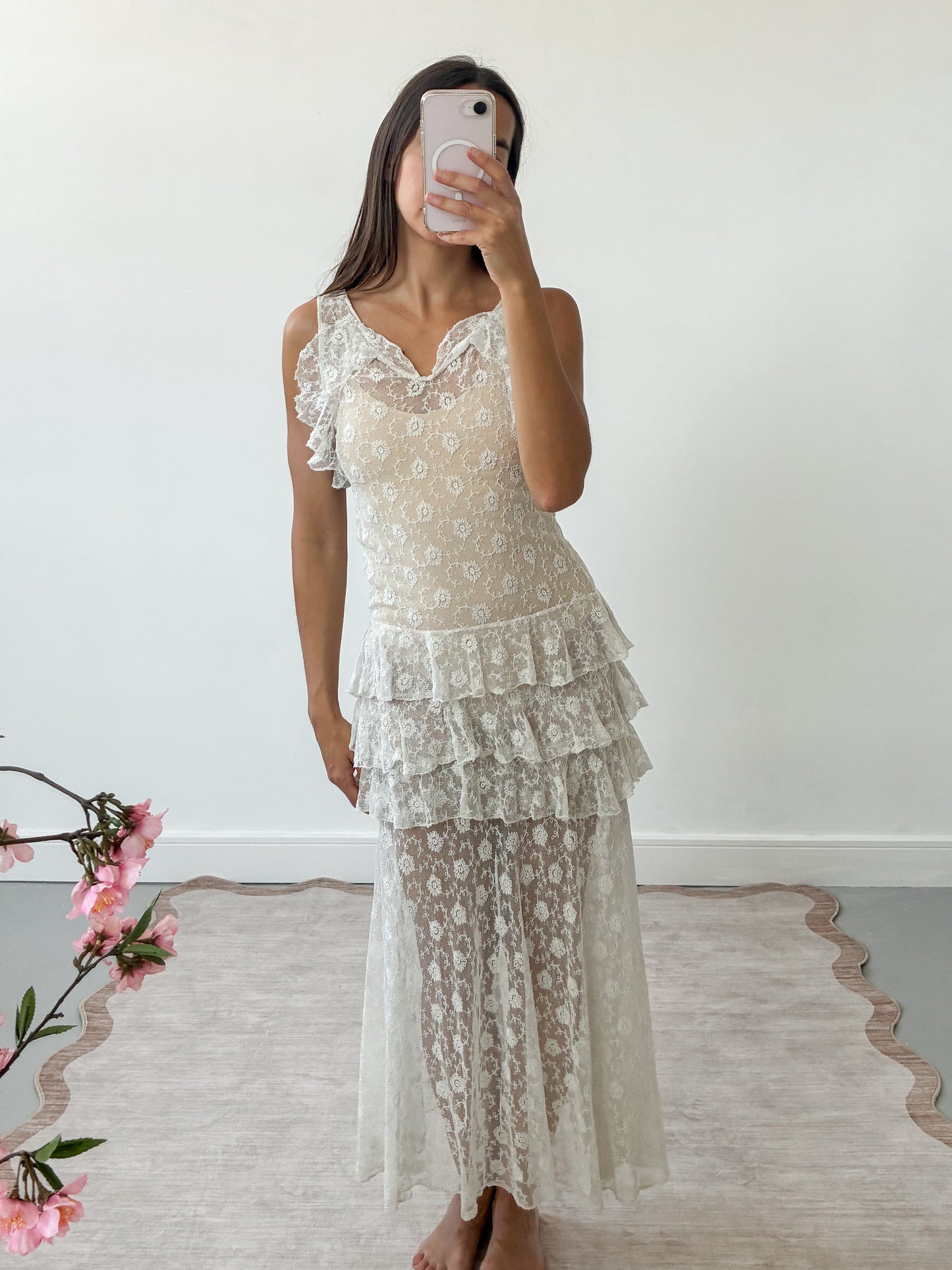 1930s French Floral Lace Dress With Ruffle Detail S