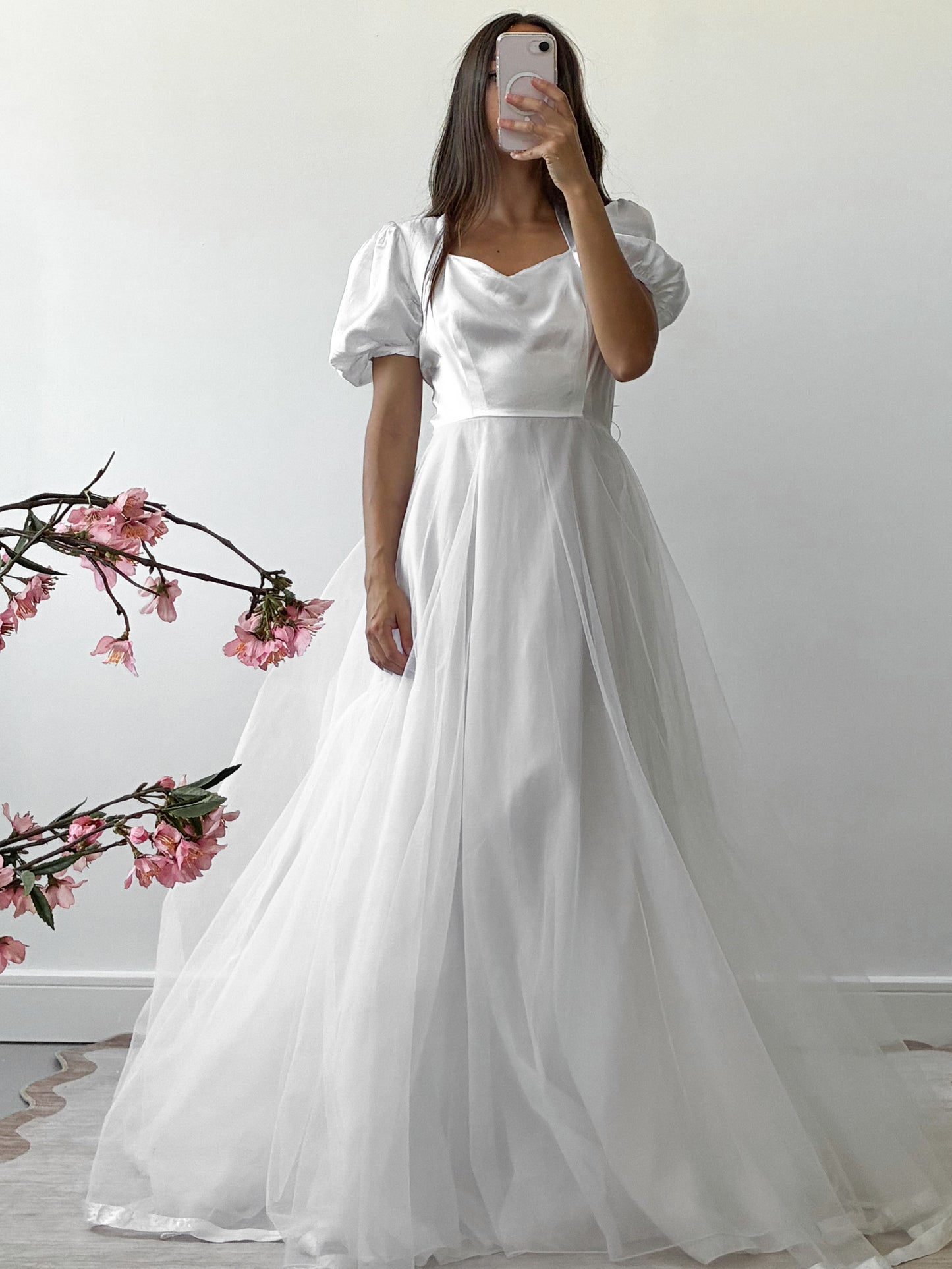 1983 Satin Puff Sleeve Gown With Chiffon Skirt And Scarf
